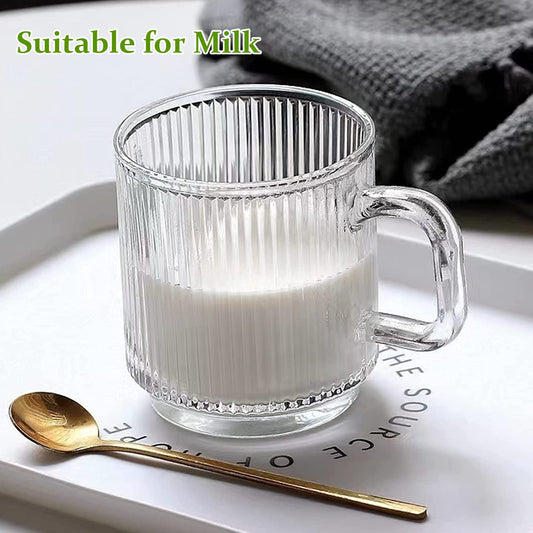 Qipecedm 6 PACK Premium Glass Coffee Mugs with Handle, 12 OZ Classic Vertical Stripes Glass Coffee Cups, Transparent Tea Cup for Hot/Cold Beverages, Glassware Set for Americano, Latte, Cappuccino