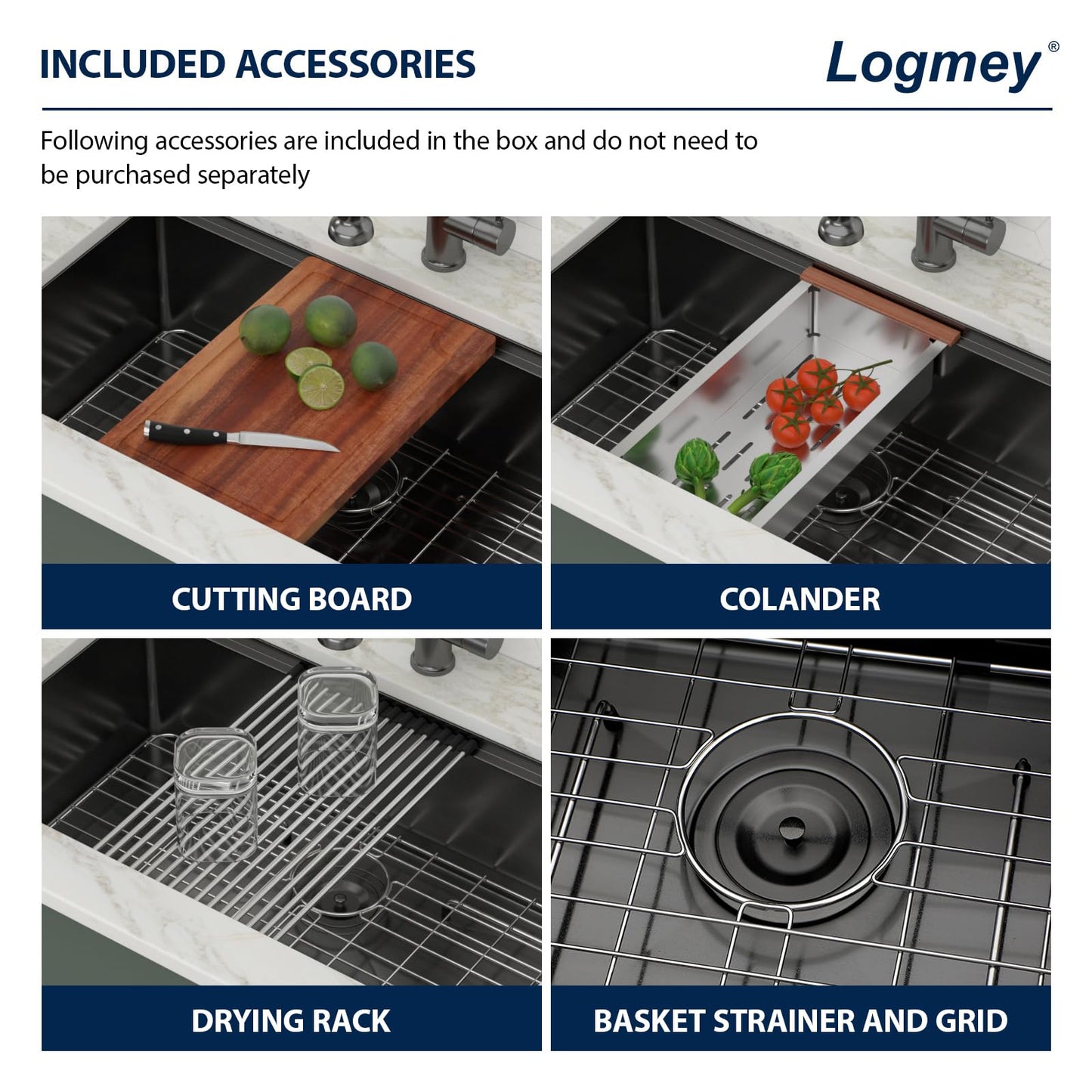 Logmey 30x19 Gunmetal Black Undermount Kitchen Sink 30 Inch Workstation Nano-PVD Stainless Steel Sinks 16 Gauge Single Bowl Kitchen Sink with Accessories 30x19x9