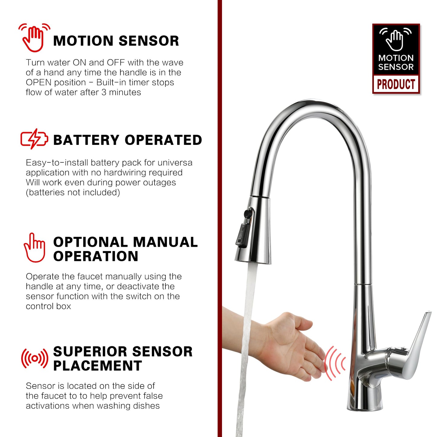 sumerain Touchless Kitchen Faucet with Pull-Down Sprayer,Single Handle Hands-Free Motion Sensor Kitchen Sink Faucet 360 Degree Swivel,Chrome