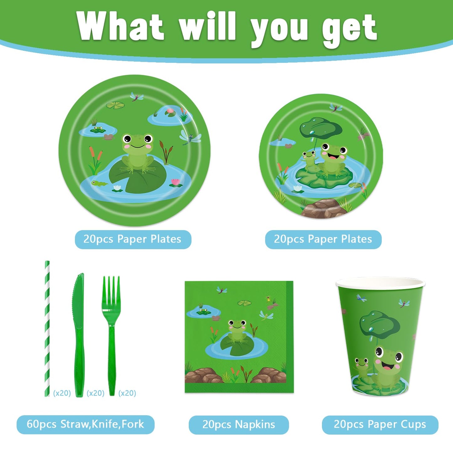 140Pcs Frog Birthday Party Decorations for 20 Guests - Tableware Supplies Frog Party Plates and Napkins Forks Cups Knives Straws for Baby Shower Birthday Party Decorations