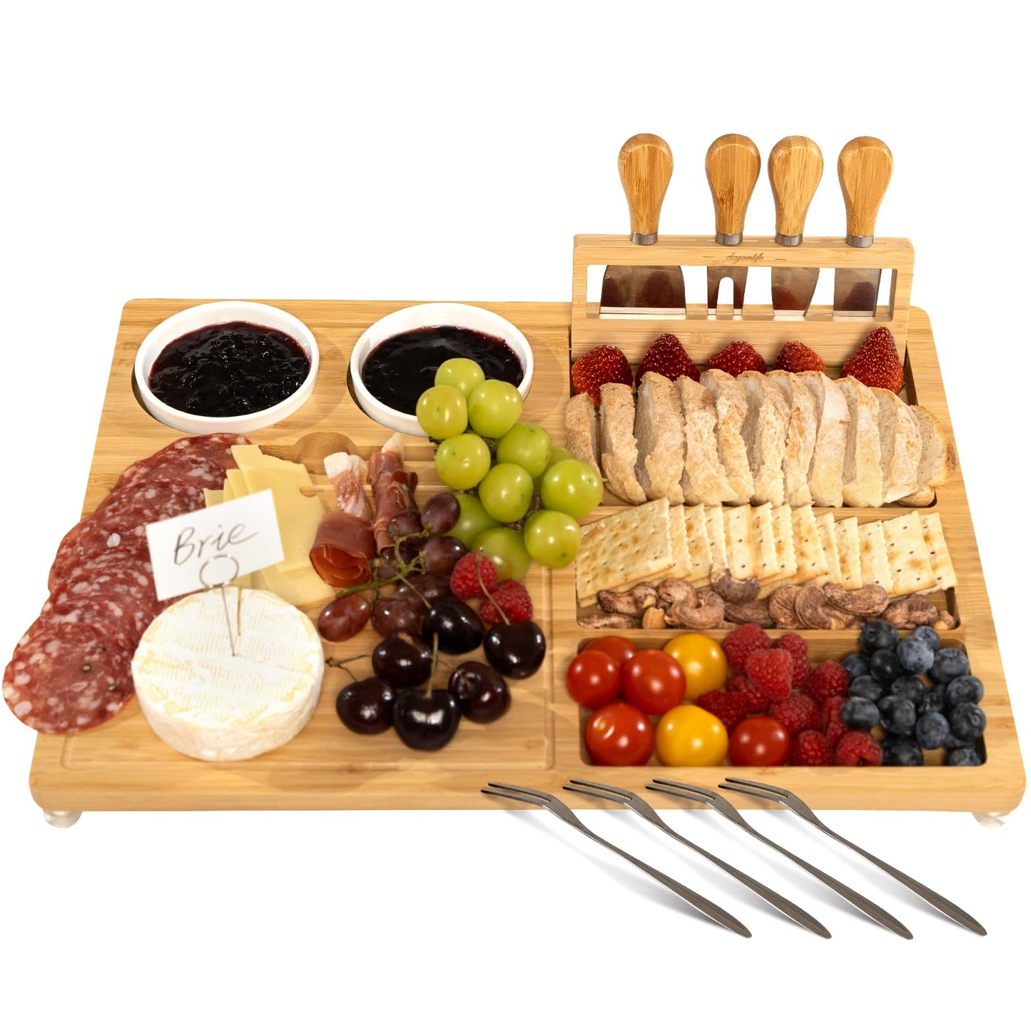 eleganlife Charcuterie Boards Set with Knives, Bamboo Cheese Board Large, Charcuterie Platters with Compartments, Serving Boards Gifts for Wedding, Birthday and Housewarming Party