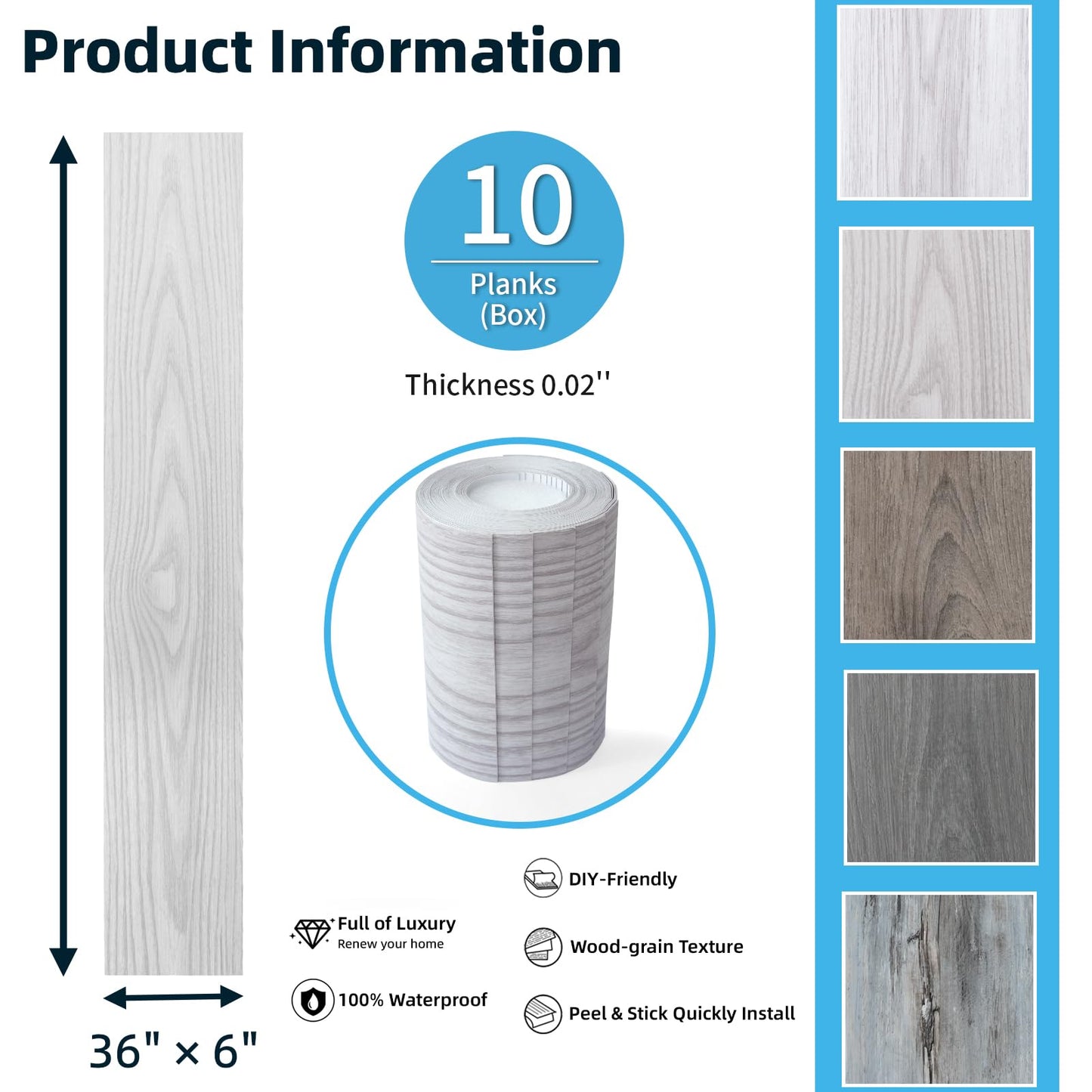 Art3d 15 Sq.ft Peel and Stick Floor Tiles, 10Pcs Luxury Vinyl Plank Flooring Wood Look, 36" × 6" Adhesive and Waterproof Tile Sticker for Bedroom, Living Room, Kitchen, Light Gray