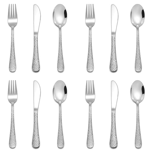 E-far 12-Piece Kids Silverware, Stainless Steel Toddler Preschooler Utensils with Adult Look, Hammered Flatware Includes 4 Forks 4 Spoons 4 Knives, Safe for Self Feeding, Non-Toxic & Dishwasher Safe