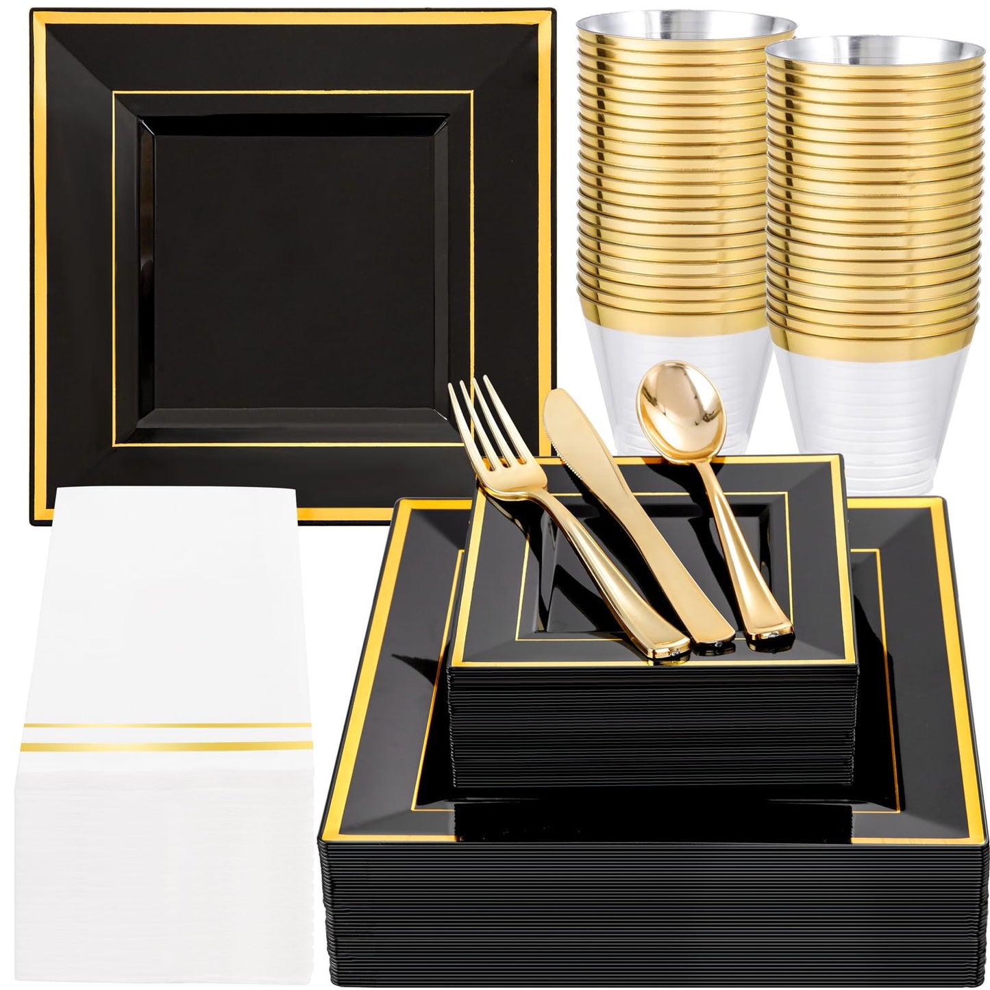 Festiva 350Pcs Black and Gold Plastic Plates-50Guests Disposable Square Black Dinnerware Set include 100 Plastic Plates,50Cups,150Plastic Cutlery,50Napkins for Birthday Party &Wedding&Graduation