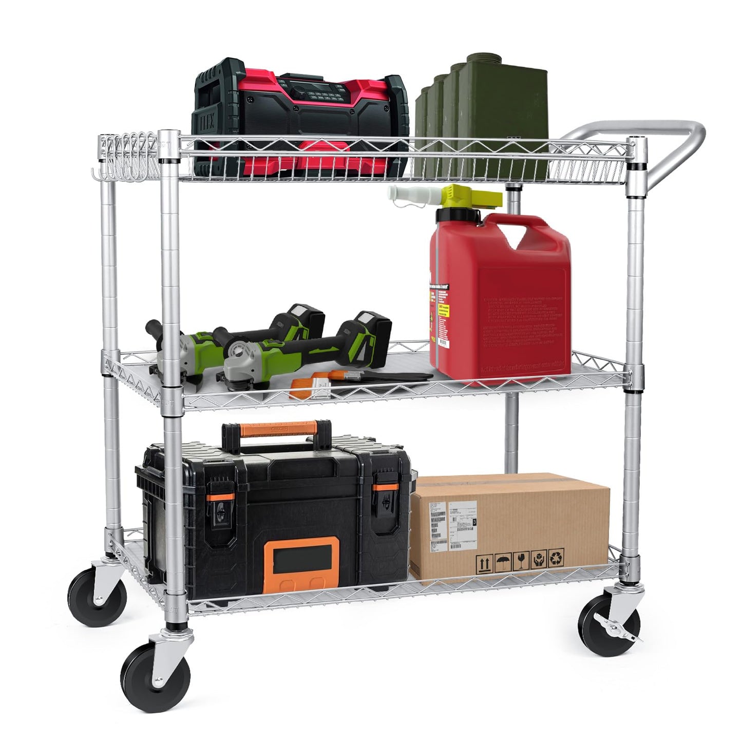 WDT Heavy Duty 3 Tier Utility Cart,Wire Rolling Carts with Wheels, Commercial Grade Service Cart with Shelving Liners and Handle Bar Metal Carts for Kitchen Office Hardware