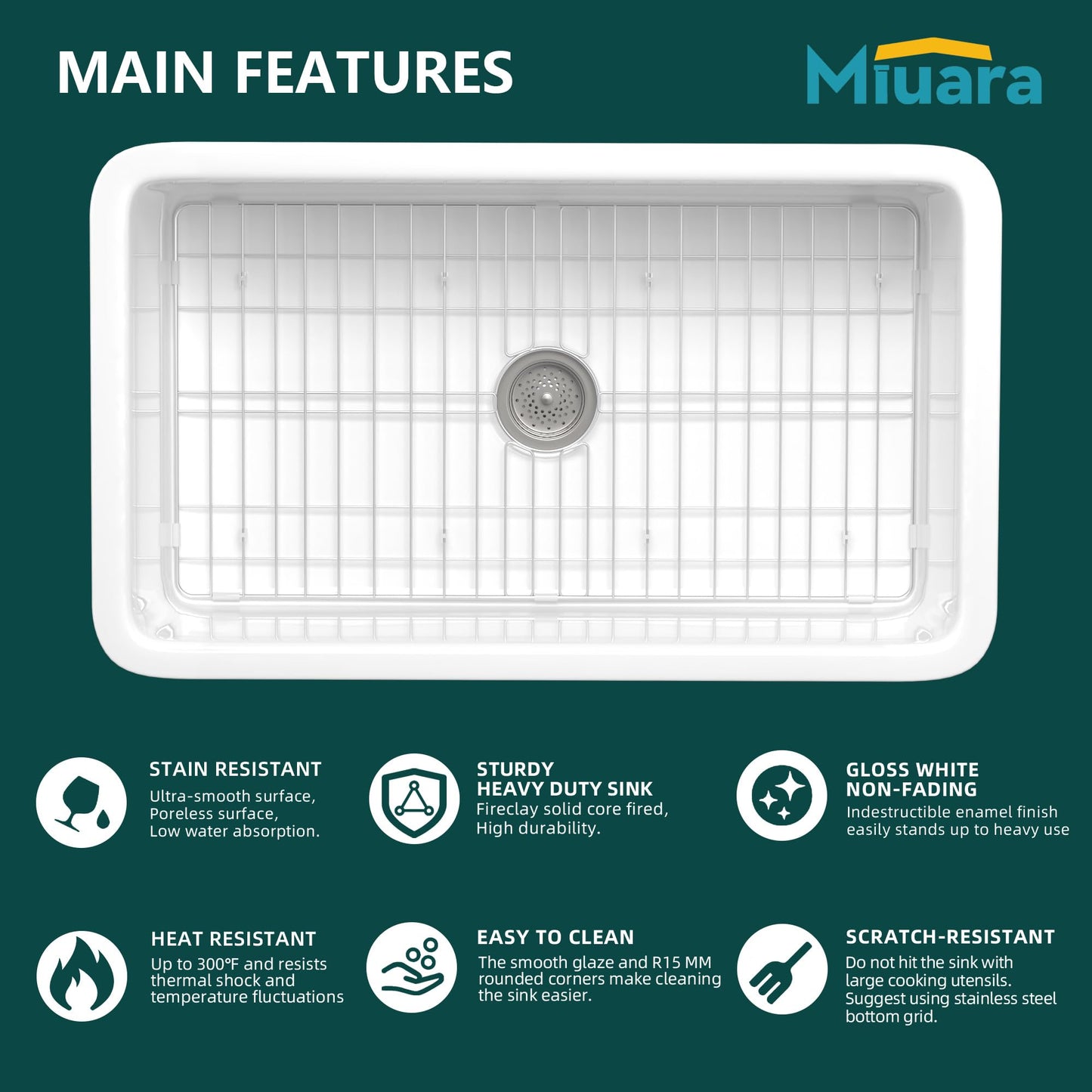 Miuara White Undermount Kitchen Sink 32 Inch - Large Topmount Fireclay Drop In Sink 32"x19"x10", Dual Mount Heavy Duty Deep Single Bowl, with 2 Custom Accessories, Glossy White, for Kitchen