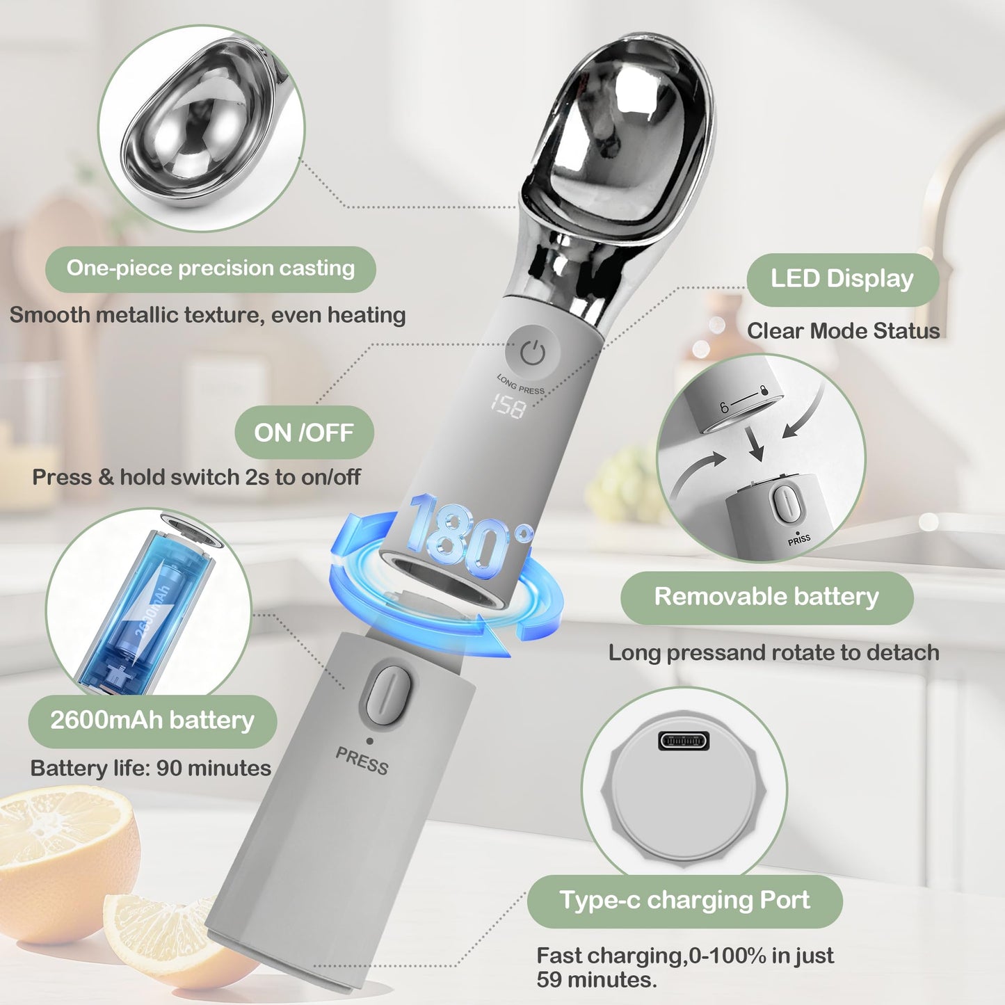 Heated Ice Cream Scoop Rechargeable with Removable Battery, Electric Warming Scooper, 30s Rapid Heating to 162°F, 316 Stainless Steel, LED Display & IP67 Waterproof, Easy Clean for Hard Ice Cream