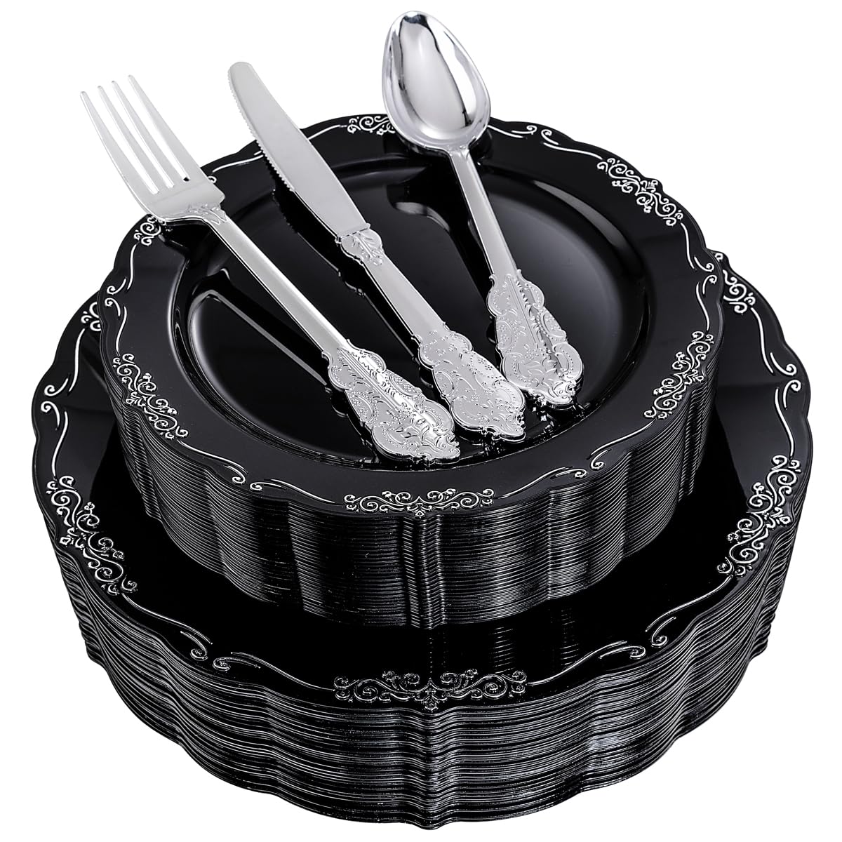 DaYammi 150 Pcs Black Silver Plastic Plates & Silver Plastic Silverware,Black silver Disposable plates for Include 30 Dinner Plate,30 Dessert Plate,30 Knives,30 Forks,30 Spoons for Party Wedding