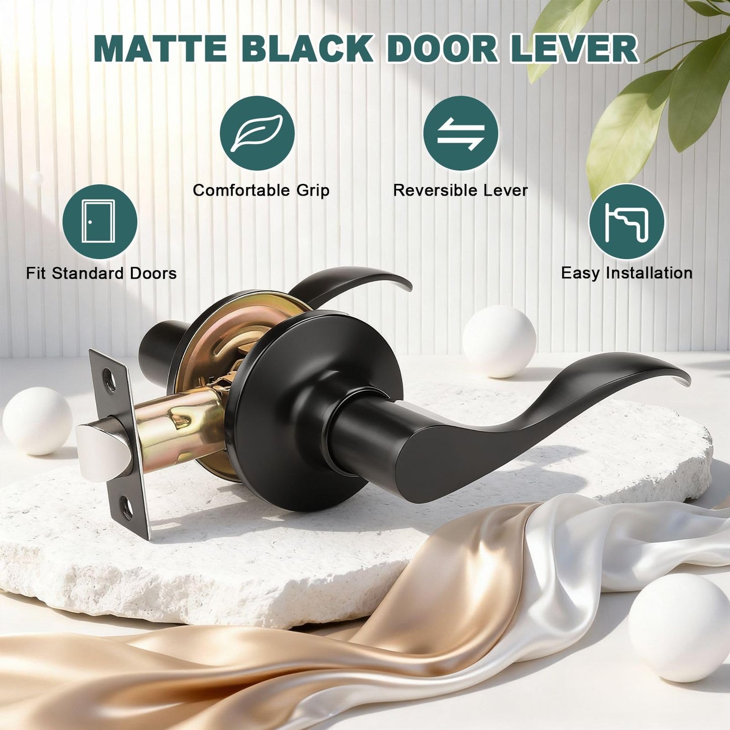 GOBEKOR 3 Pack Passage Door Levers Hallway Closet Door Handles Interior Door Handle with Lock Keyless Matte Black Wave Door Handle Lever Set