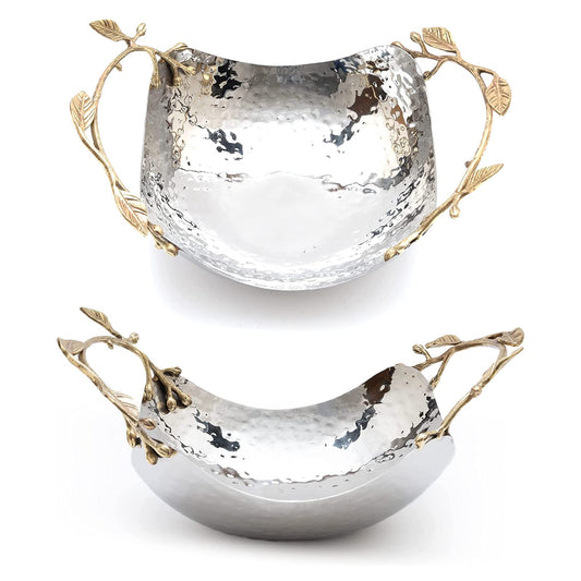 GUTE Decorative Silver Hammered Bowl, Single Piece, 13.78 x 9.45 x 5.51 Inch Stainless Steel Brass Gold Leaf Handle Basket Fruit Holder Organizer Centerpiece Display, Dining Living Room Decor Gift