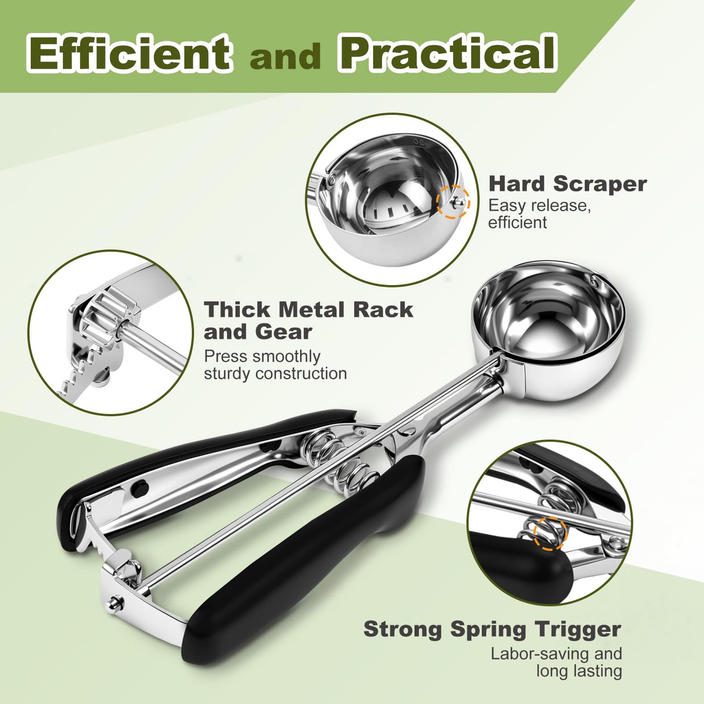 Premium Cookie Scoop, Stainless Steel Cookie Scoops for Baking, Ice Cream Scoop with Trigger, Ice Cream Scooper With Non-slip Grip, Cookie Dough Scoop for Melon Baller, Muffin Scoop, Meatball Scoop