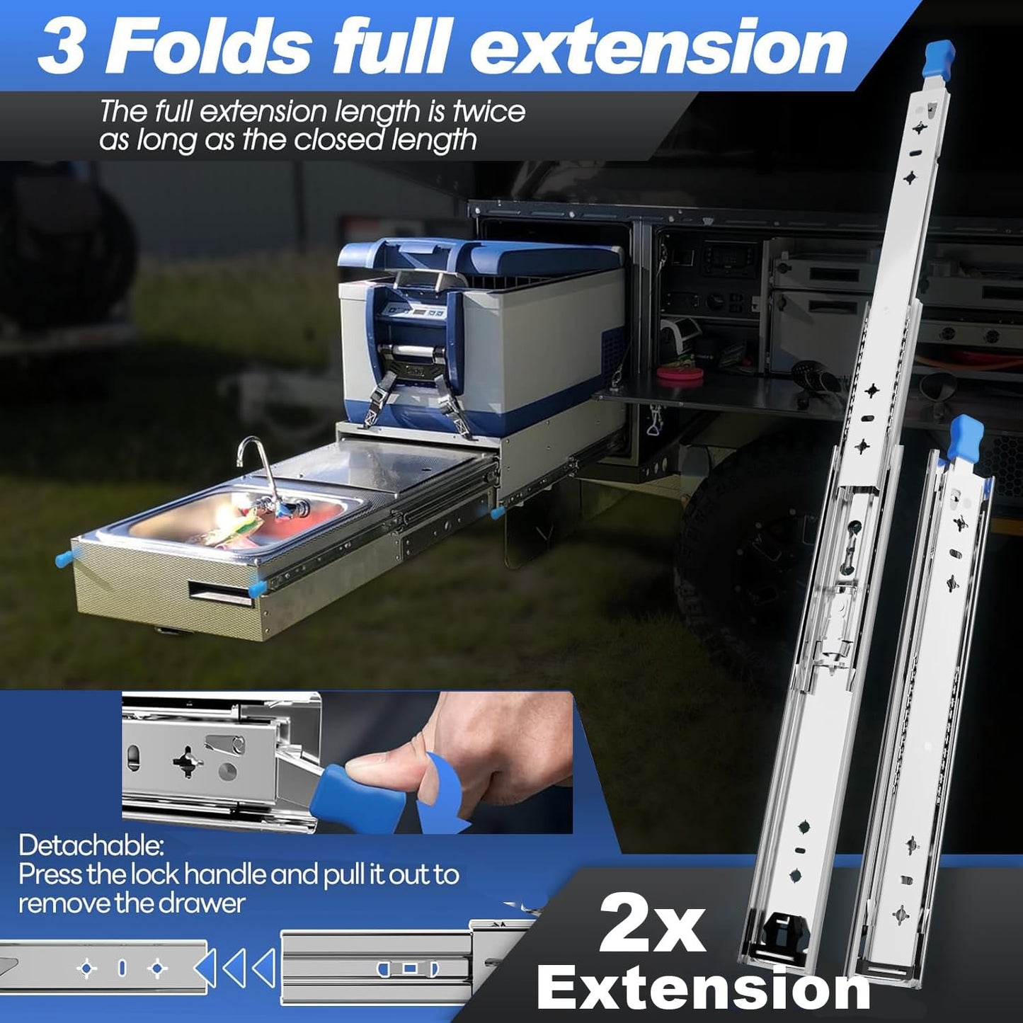 Heavy Duty Drawer Slides with Lock 34 Inch,3-Fold Full Extension Locking Drawer Slides 250 lbs Load Capacity Side Mount Ball Bearing Industrial Locking Rail 1 Pair(W:53mm, 34")