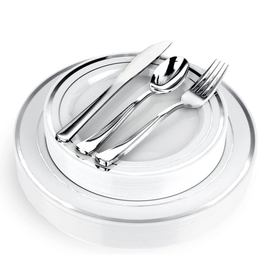 125-Piece White and Silver Fancy Plastic Plates Disposable with Silverware, Elegant Dinnerware for Weddings, Holiday Party China, Set of 25 Dinner + Salad Plates, 25 Spoons, 25 Forks, 25 Knives