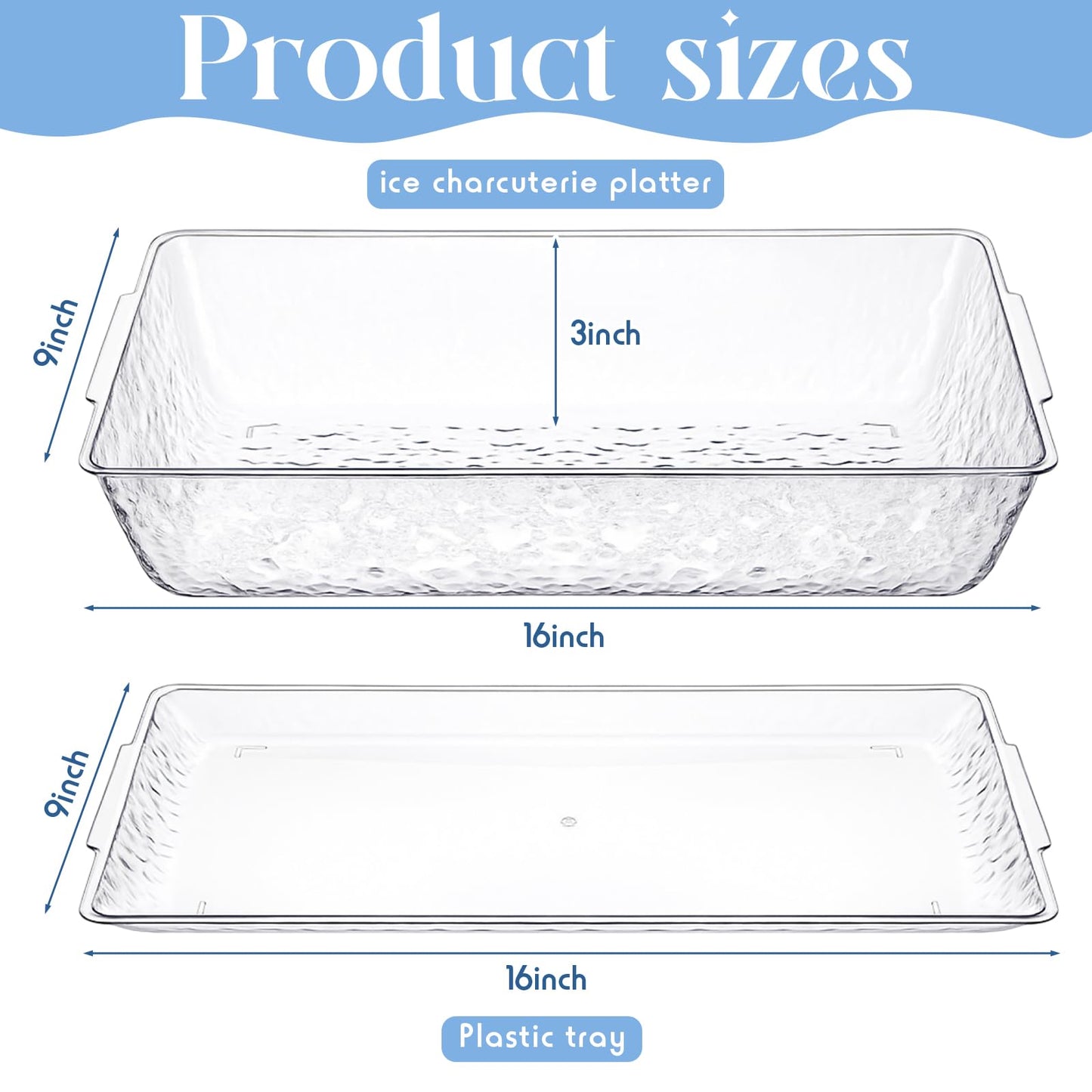 Baderke 2 Set 16" x 9" Plastic Chilled Serving Tray for Parties with Compartments Ice Chilled Party Platter Charcuterie Serving Board Cold Dish Dip for Fruit Seafood Vegetable Appetizer (Clear)