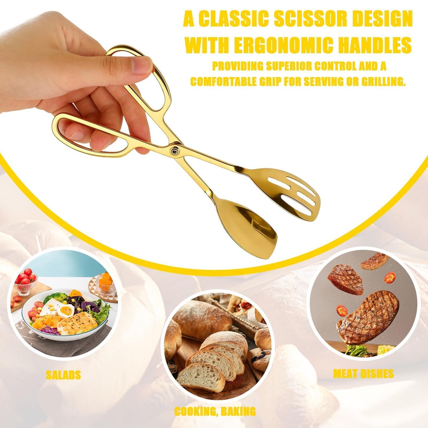 Premium Gold Salad Tongs for Serving - 10-Inch Stainless Steel Scissor Tongs, Heavy Duty Metal Salad Tossers with Comfort Grip, Elegant Food Serving Utensils for Tossed Salad, Fruit & Parties