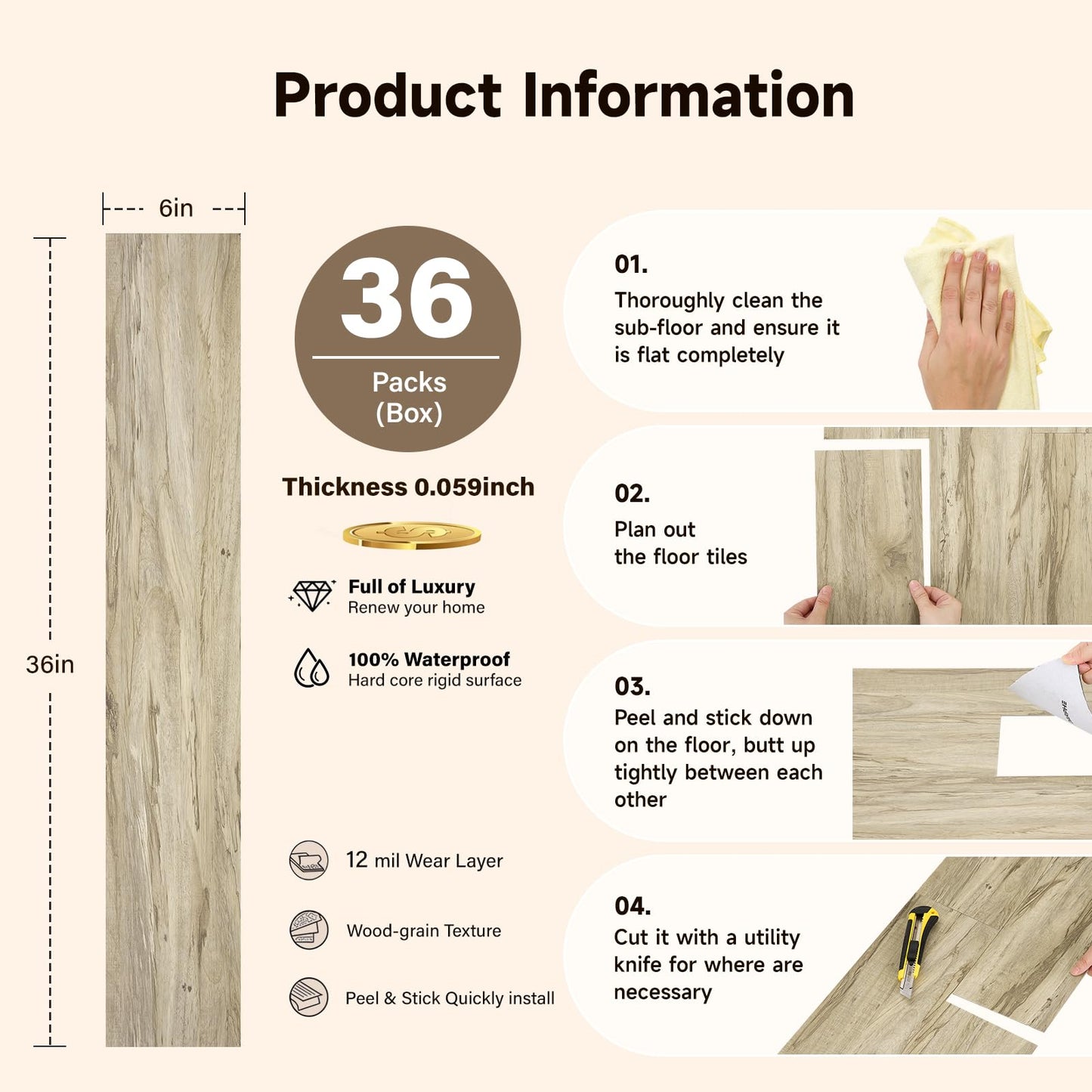 INMOZATA 36-Pack 54 Sq.Ft Peel and Stick Floor Tile, Wood Grain Flooring Planks Self Adhesive Floor Tiles Peel and Stick Waterproof Vinyl Flooring for Bedroom, Kitchen, RV, Office(Natural Wood)