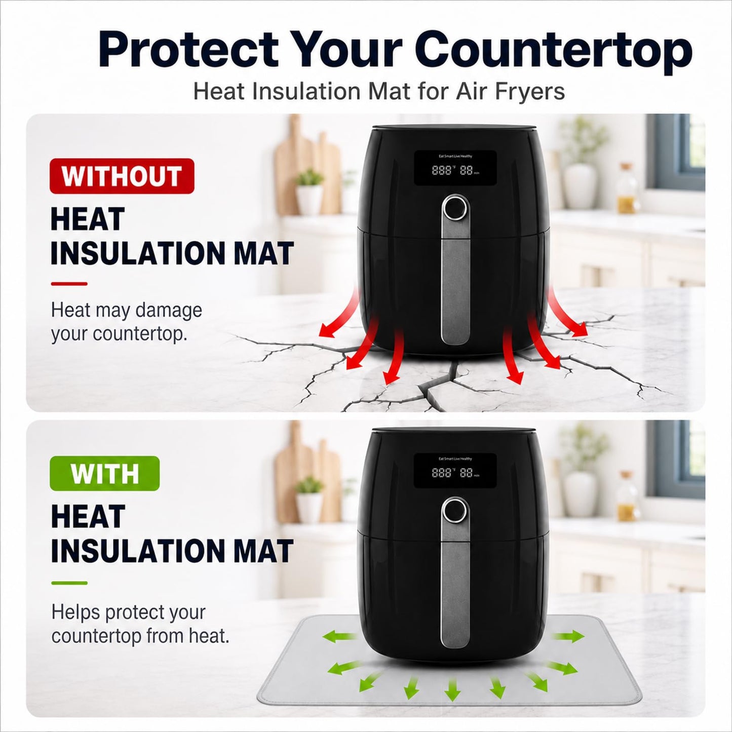 FLASLD 2Pack Heat Resistant Mat for Air Fryer Site on, 16"X24" Fireproof Silicone Mats for Kitchen Counter, Countertop Protector, No-slip and Waterproof Gray