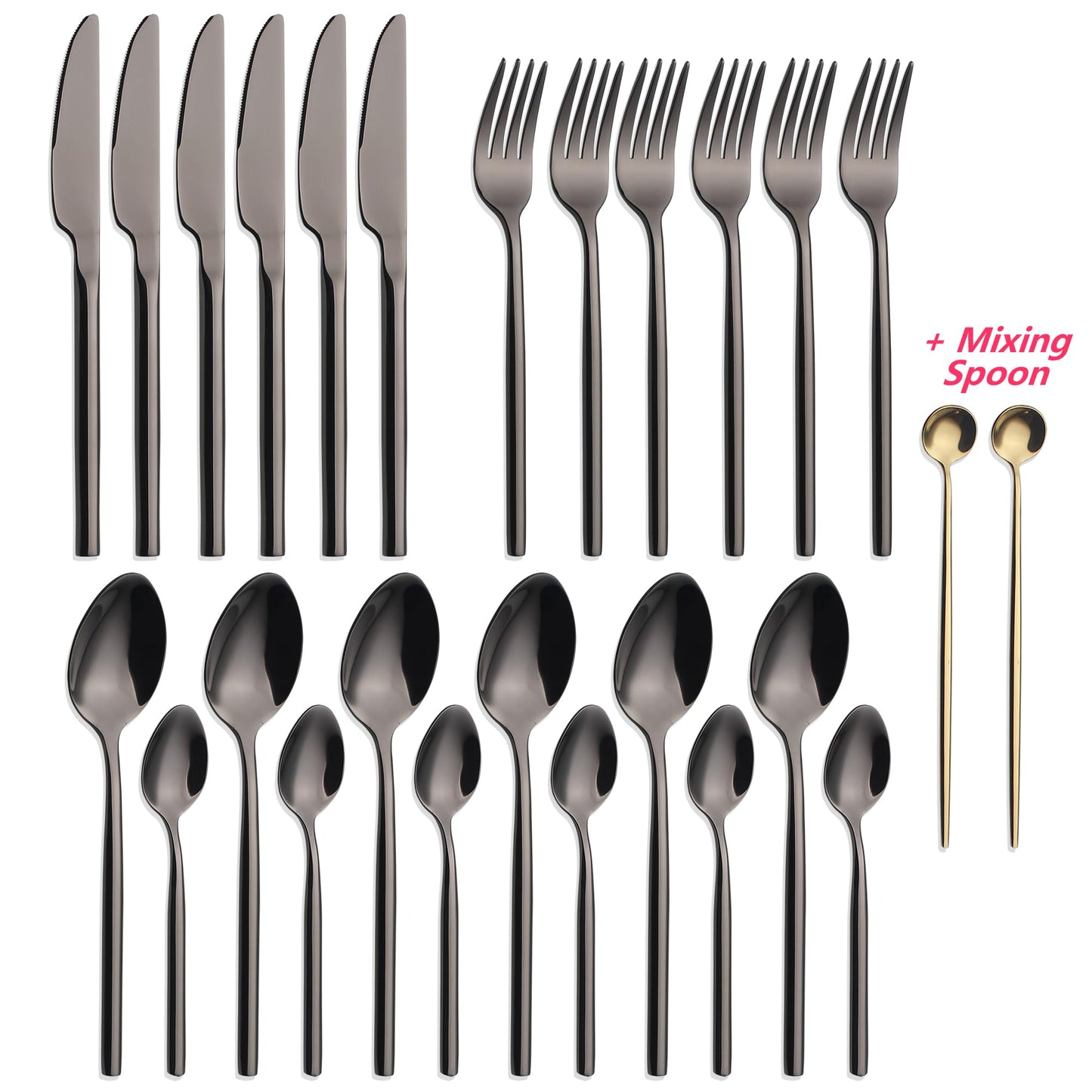 CHAAMFORGE 24 Piece Silverware Set For 6 Black Heavy duty 18/10 Stainless Steel Flatware Set Modern Design Knife/Fork/Spoon Mirror Polished Dishwasher Safe Cutlery Set with Gifts