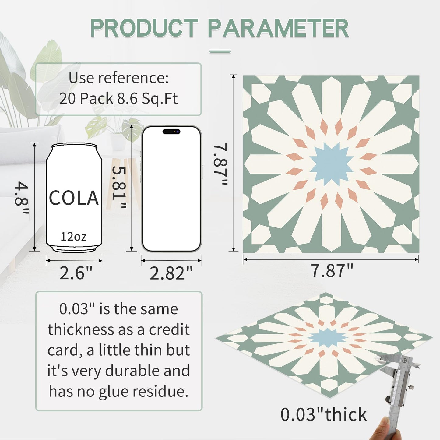 MORCART Peel and Stick Floor Tile - 20 PCS, 7.87" x 7.87" Vinyl Flooring - Waterproof Self-Adhesive Tile Sticker for Wall Backsplashes, Bathroom, Kitchen - Green and White Floral Look