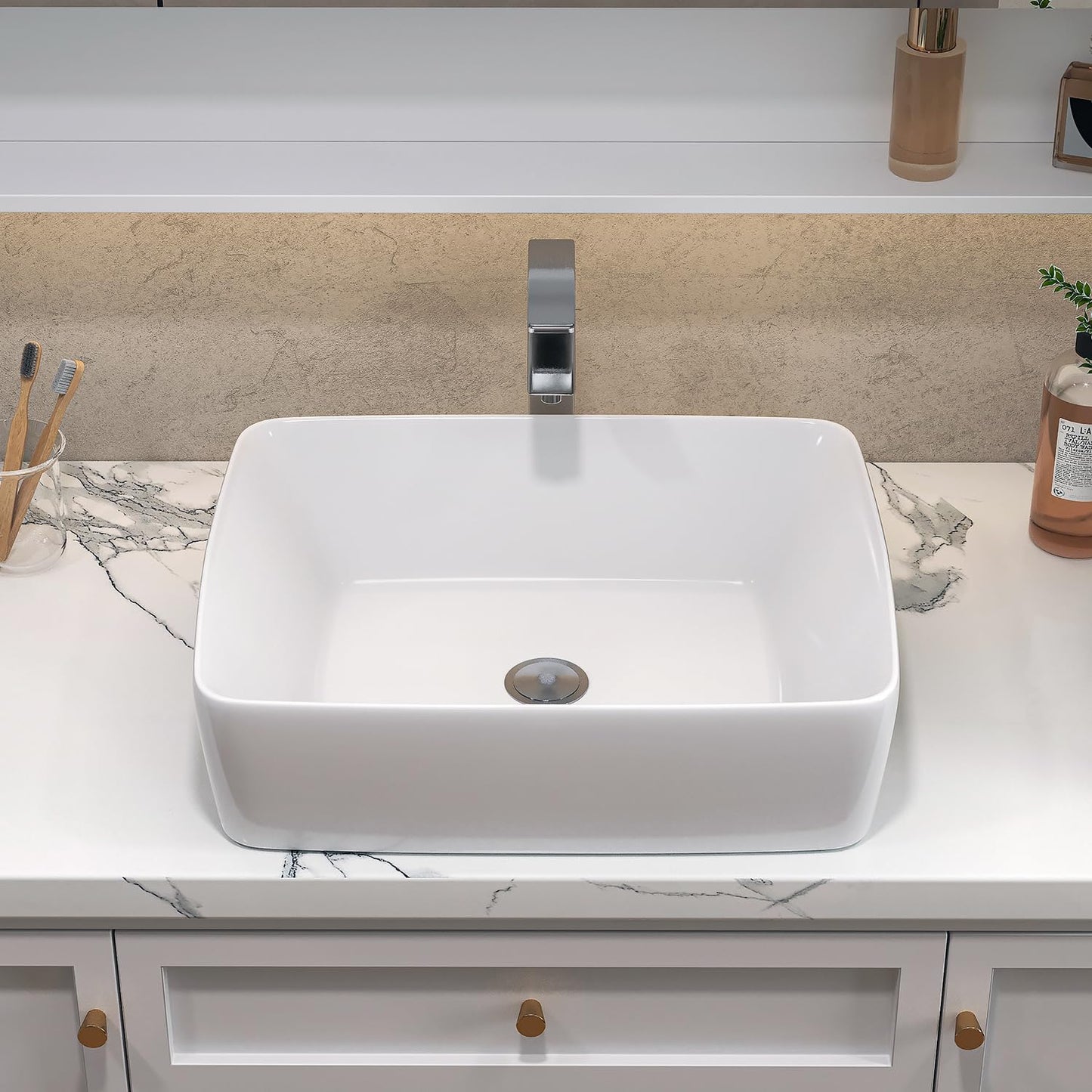 Sinber BVS1915A-OL 19" x 15" x 5.31" White Rectangular Ceramic Countertop Bathroom Vanity Vessel Sink