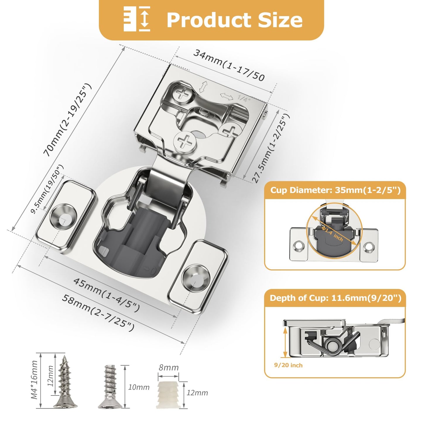 Furniware 20 Pieces 1/4" Small Overlay Concealed Face Frame Hinges, 105° Open Angle 4 Level Soft Close Screw On Compact Cabinet Hinge,for Face Frame Door, Soft Close On/Off Switch, Self Closing