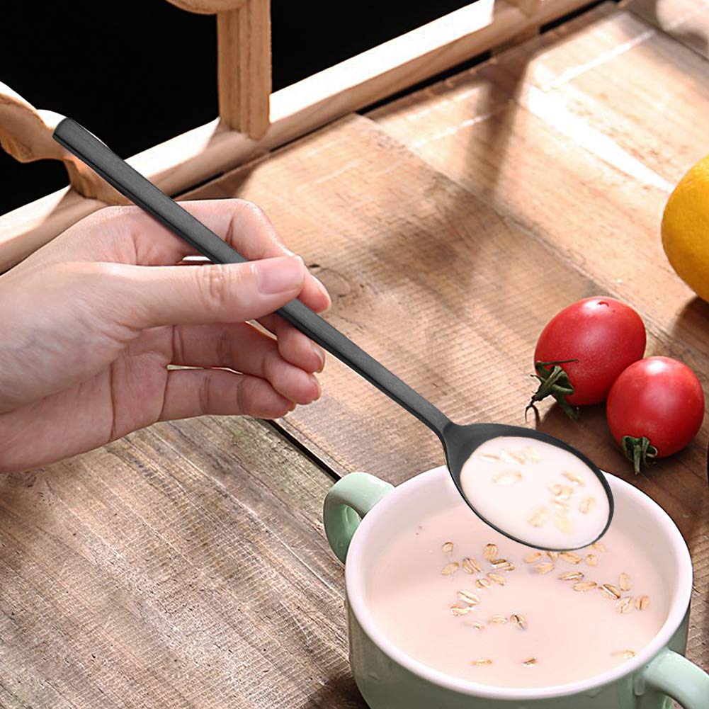Soup Spoon, Korean Spoons, 8 Pieces Stainless Steel Asian Soup Spoon,8.5 Inch Long Handle Korean Dinner Ramen Spoons for Home Kitchen or Restaurant (Black)
