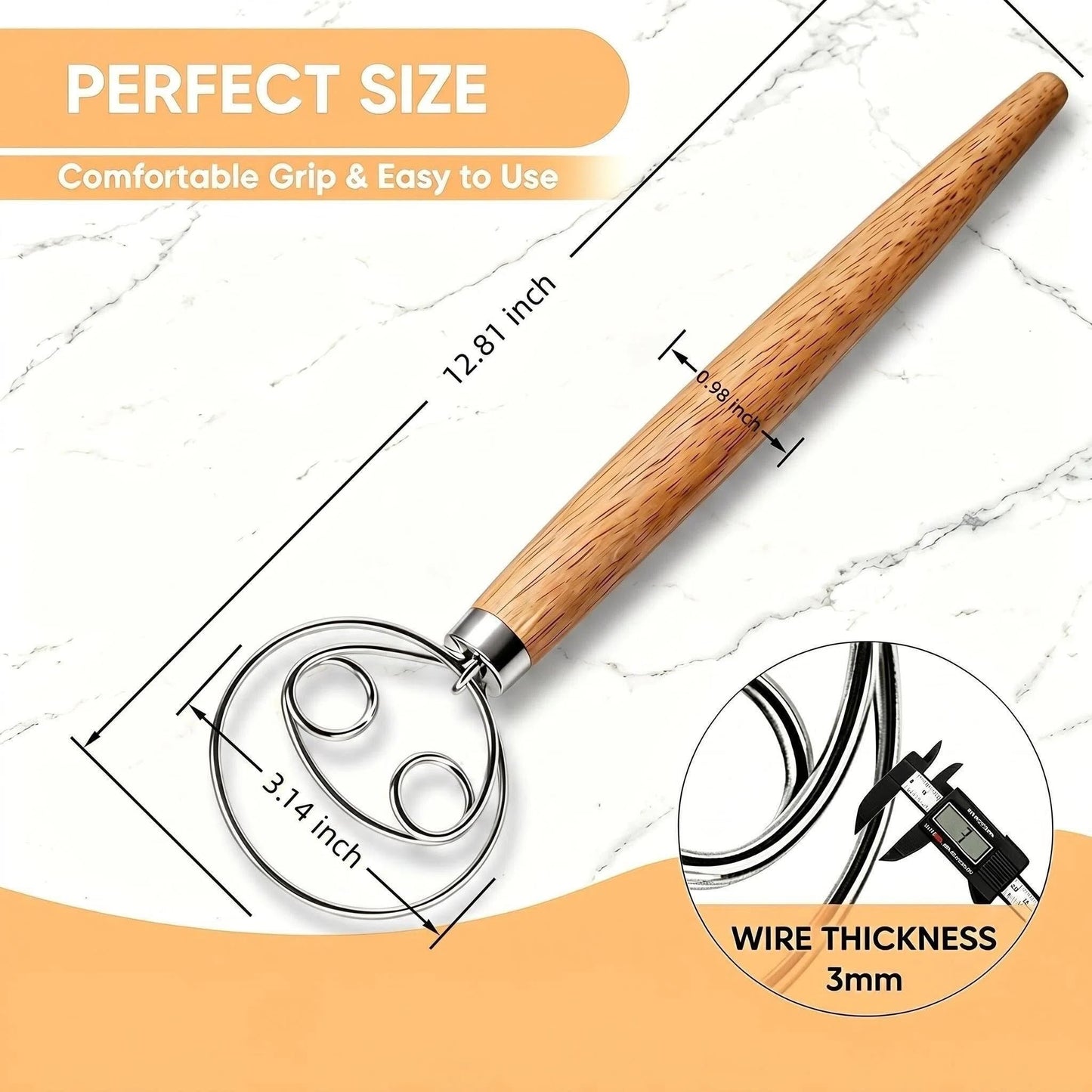 Maxjoy Danish Dough Whisk Stainless Steel Wooden Handle for Sourdough Bread Baking