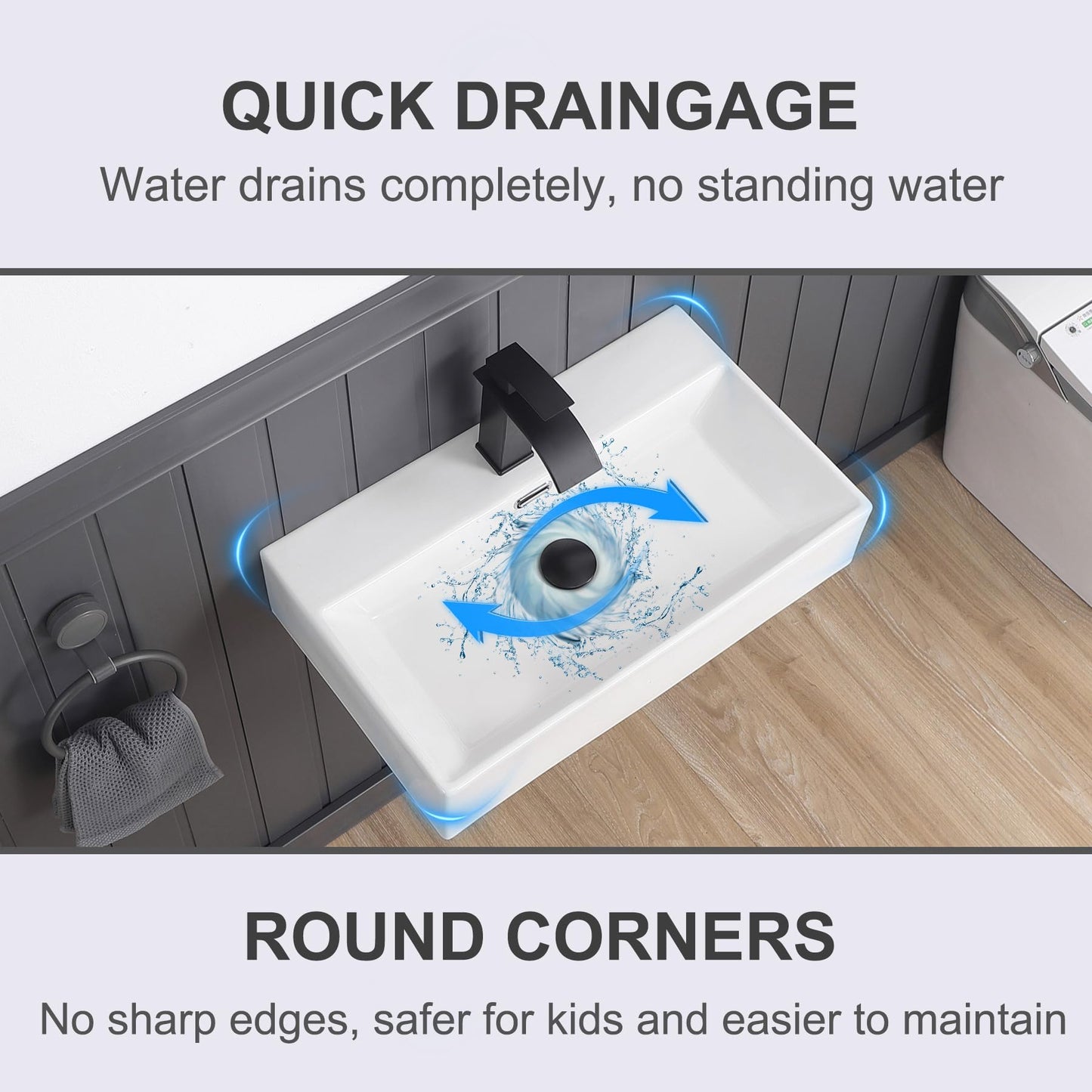 DEHOMEN 24-in Rectangle Wall Mount Bathroom Sink with Overflow, White Vanity Counter Top Lavatory Hand Basin for Modern Bathroom