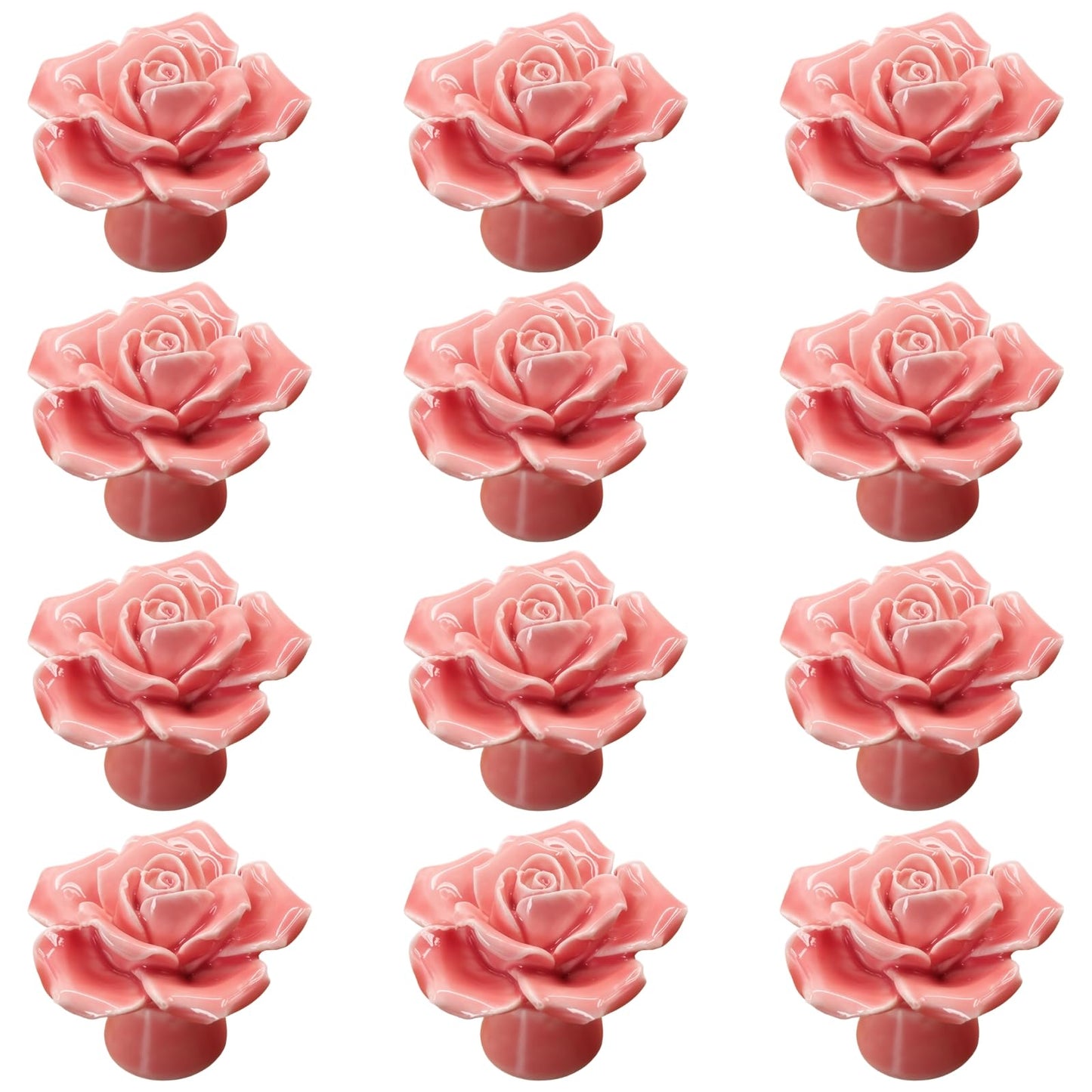 Skdqiee Pink Rose Drawer Pulls, 12 Pcs Ceramic Rose Cabinet Knobs, Flower Cabinet Knobs, Rose Flower Drawer Knobs for Wardrobe Cupboard Closet Room Dresser Armoires