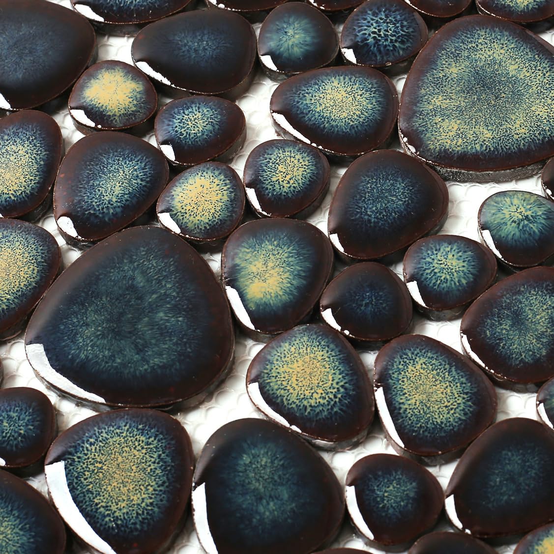 Blujellyfish Pebble Stone Tile for Shower Floor Bathroom Backsplash Accent Wall Gradient Brown Teal Pebble Tiles (5 Sq.Ft)
