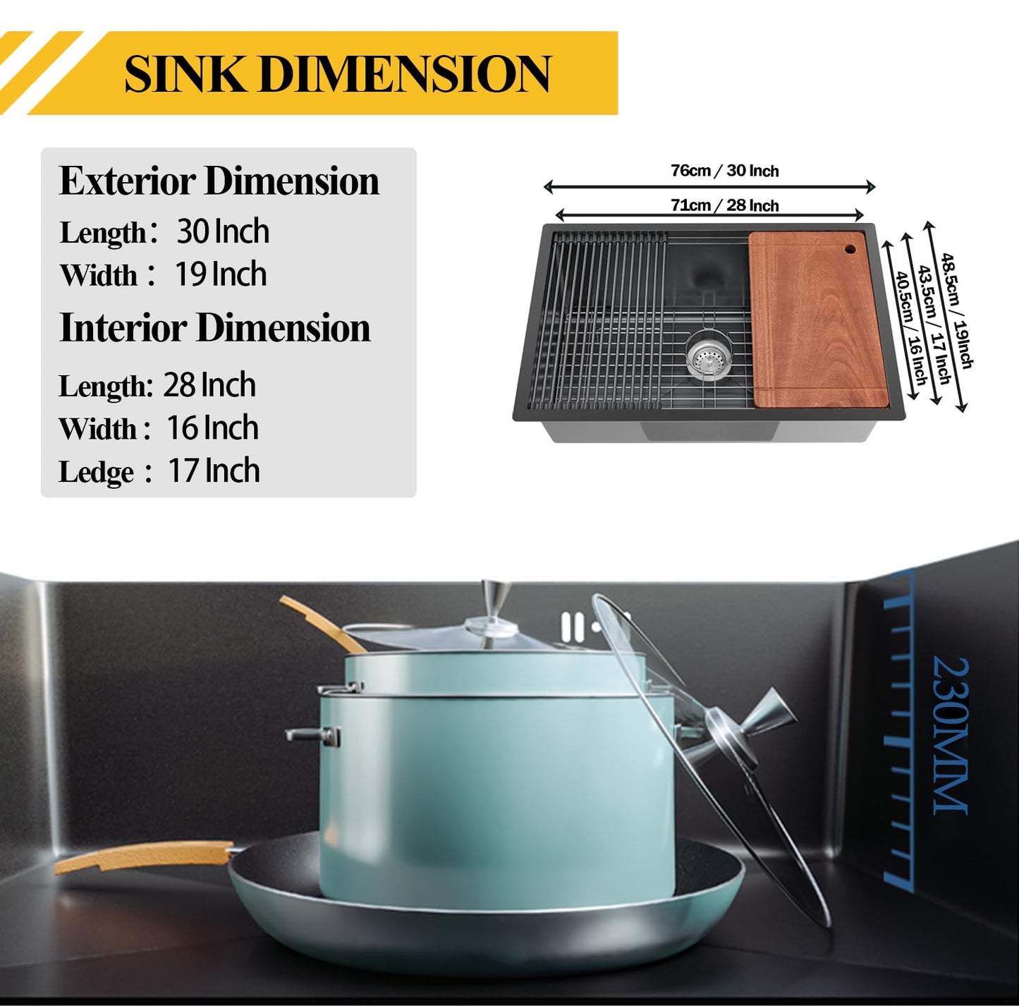 KOARDINK 30x19 In Black Kitchen Sink Workstation - Undermount Stainless Steel Single Bowl Drop In Modern Workstation Sink Come With SS Grid,Drying Rack,Cutting Board,Utensil Rest And Drain Assembly