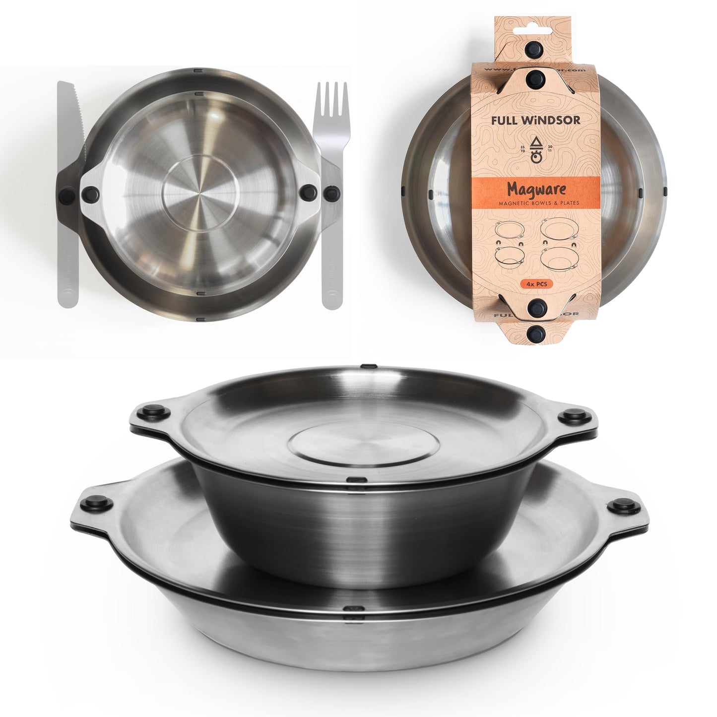 FULL WiNDSOR - MAGWARE - Magnetic Plates and Bowls Sets, Camping Tableware, Stainless Steel Mess Kit, Portable Dinnerware, Camping Bowl Set for Outdoor Dining, Backpacking, Picnic, Rv, Outdoor Travel