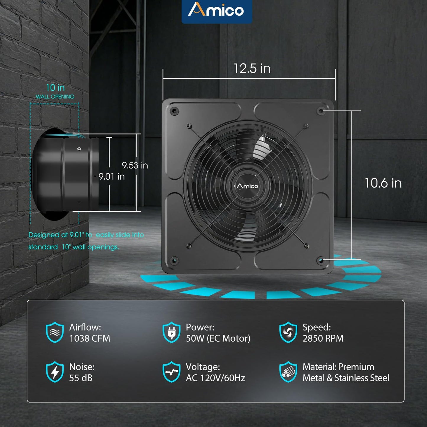 Amico 10" Kitchen Exhaust Fan with Remote, 1038 CFM High Airflow Extractor Fan, Energy Efficient 50W EC Motor Ventilation Fan for Garage, Attic & Greenhouse, 9-Speed, Timer, Low Noise 55dB, FCC, Black