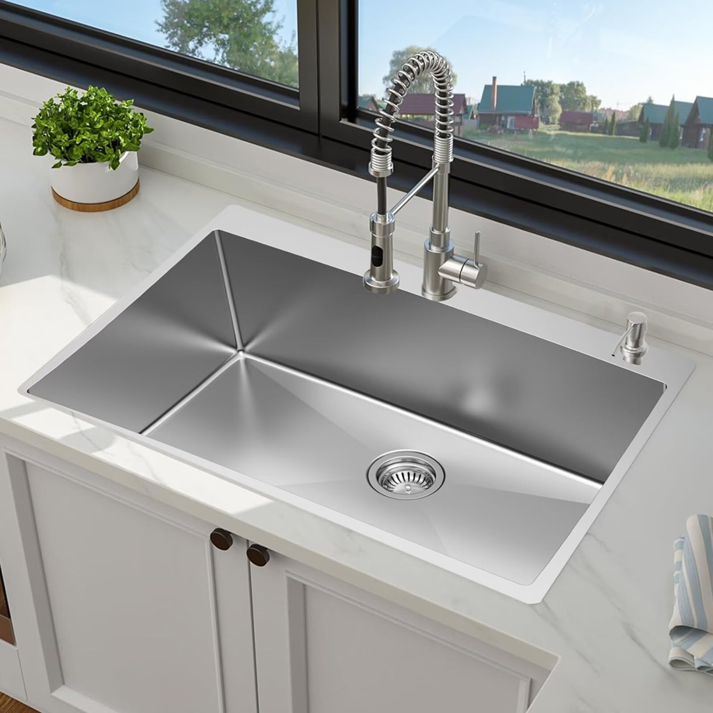 Frogink 33 inch Topmount Handmade 18 Gauge Single Bowl Stainless Steel Kitchen Sink with Accessories in 33"Lx22"Wx10"D