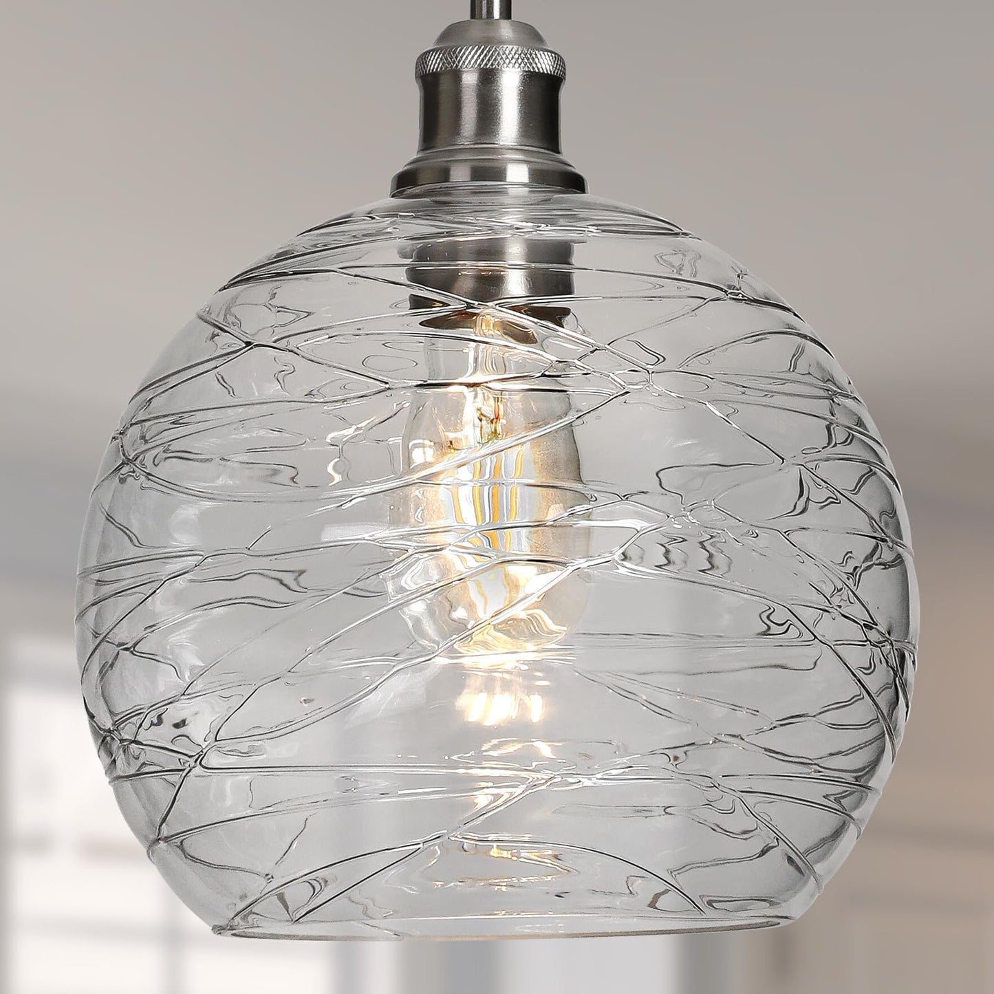 YongMing CL Glass Pendant Light Stripe Seeded 9.85’’ Modern Ceiling Pendant Lighting Sea Swell Handblown Coastal Style Shade with Adjustable Cord for Kitchen Island Dining Room Bedroom Foyer Hallway