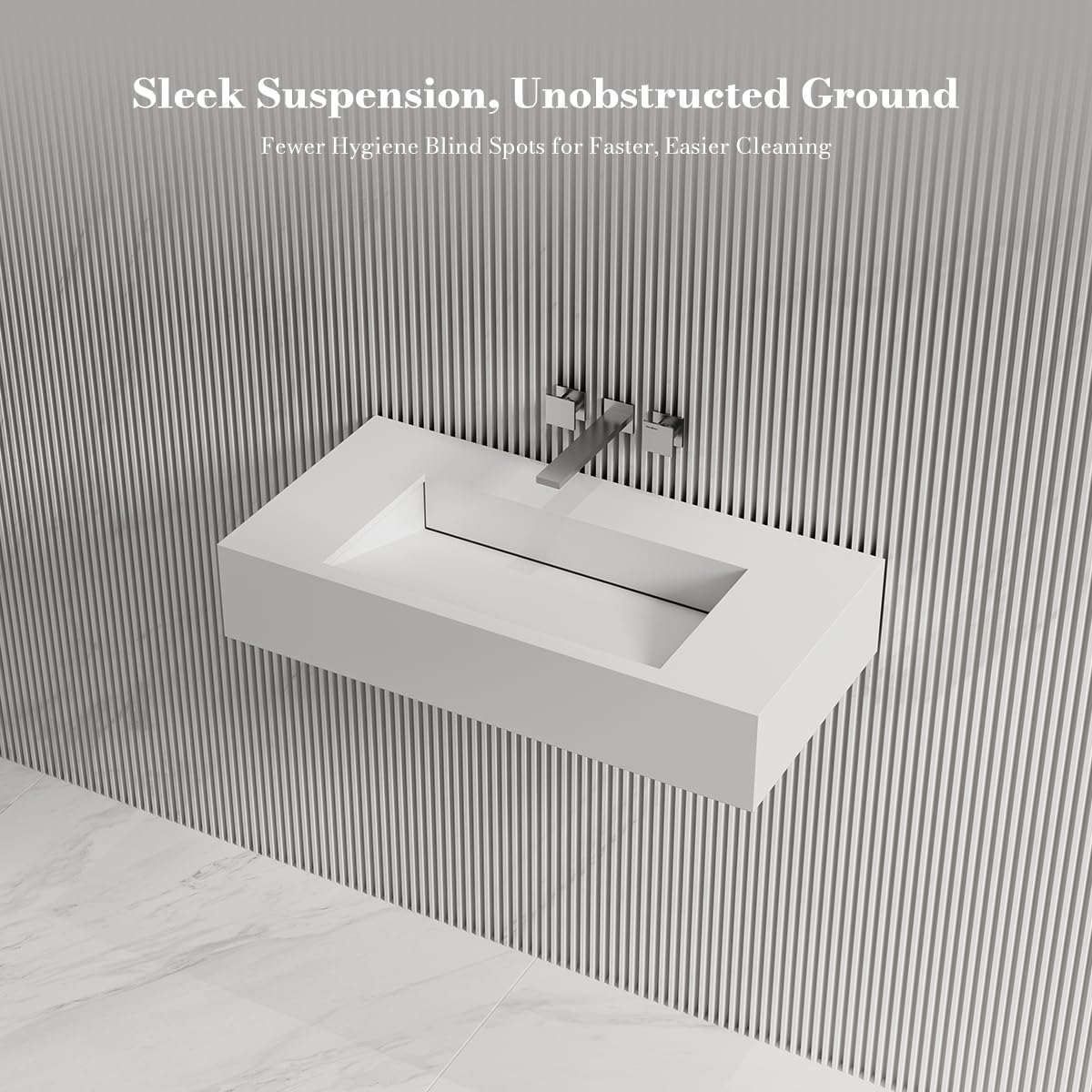 MonBlari 32" White Stone Resin Rectangular Vessel Sink, Wall-Embedded Drain V-Shaped Floating Bathroom Sink, Modern Art Basin for Vanity，Matte White