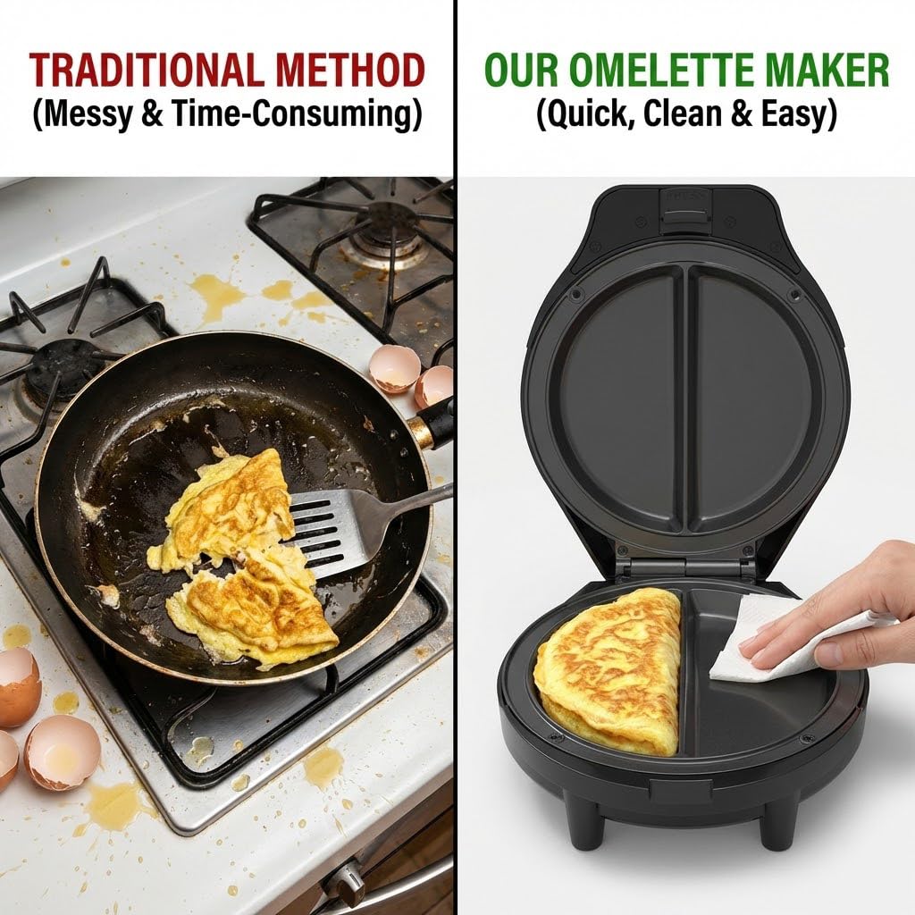 Nyrvexa Dual-Zone Electric Omelette Maker,Omelette Maker Electric,1000w Rapid Double-Sided Egg Cooker With Non-Stick Plates，Anti-Silp Base Anti-Scald Handle Cool-Touch Handle for Home,Dorm&Travel