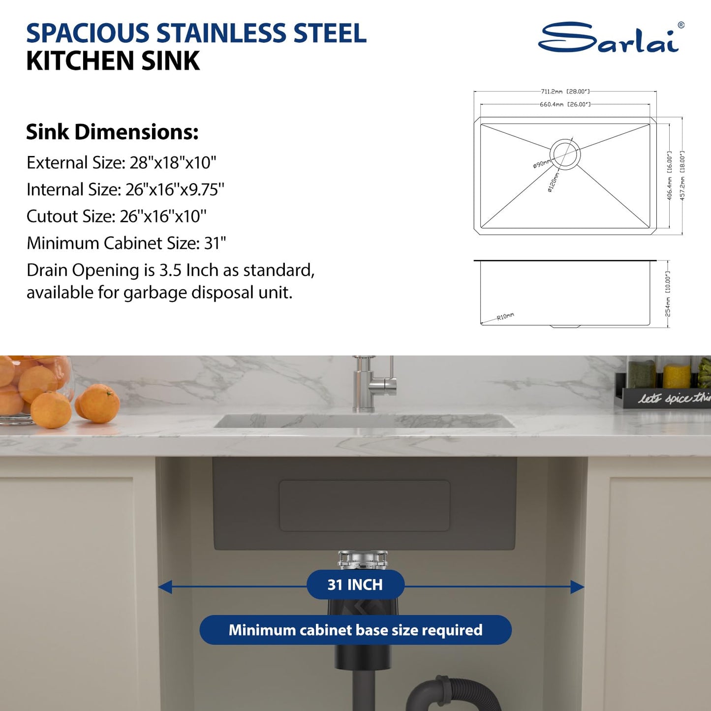 Sarlai 28 Inch Undermount Kitchen Sink - 28" x 18" Undermount Sink Single Bowl Stainless Steel 16 Gauge Kitchen Sink Under Counter Round Corner Basin