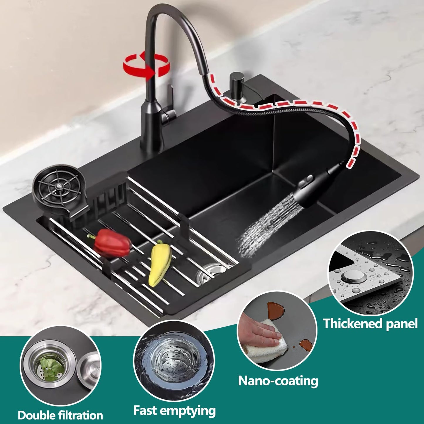 YINXSLO Black Kitchen Sink with Faucet, Top Mount/Drop-In 3 Hole Single Bowl Stainless Steel Sink with Cup Washer, Soap Dispenser, Drainage kit for Bar, Kitchen, Balcony (19.7 * 17.7in)