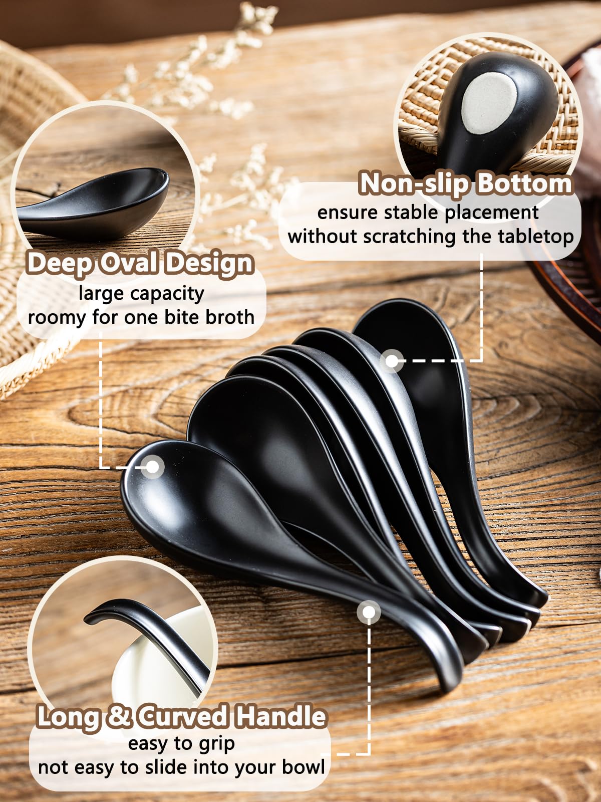 Gomakren Asian Soup Spoons, 6.5 Inch Ceramic Chinese Soup Spoons for Cereal, Ramen, Pho, Noodles, Stews, Black Kitchen Spoons with Long Handle and Deep Oval Design - Set of 6