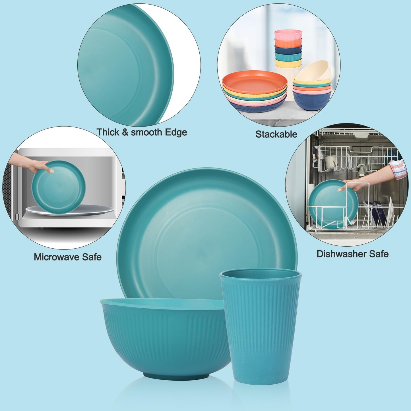 18pcs Wheat Straw Dinnerware Sets, Unbreakable dish Set Reusable Plates, Bowls, and Cups Set dishes Dishwasher Microwave Safe for Kitchen Outdoor Travel Camping (Macron Color)