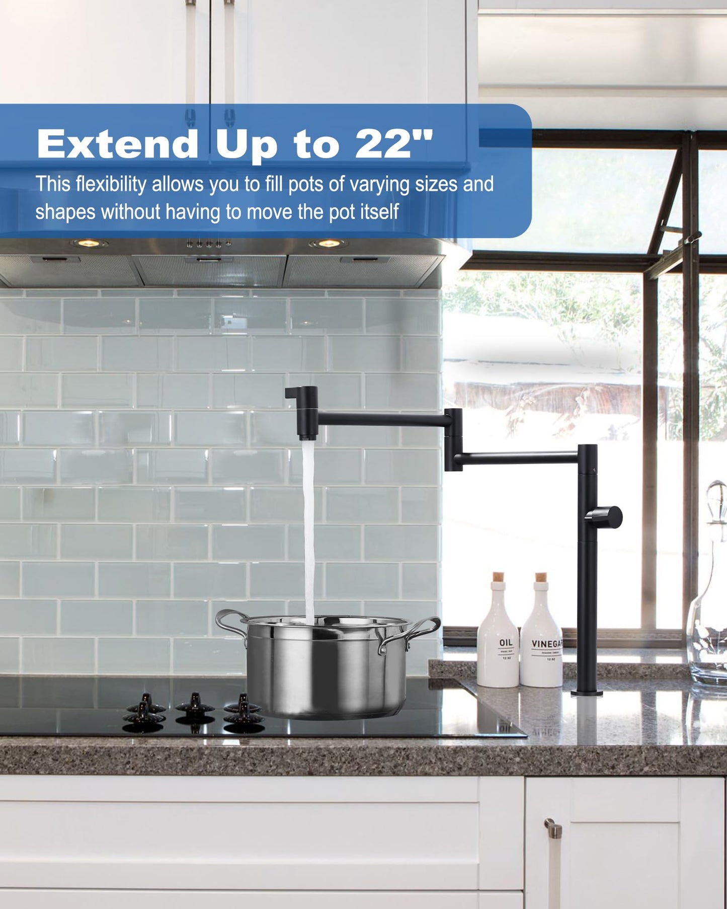 Deck Mount Pot Filler Faucet, ARCORA Solid Brass Pot Filler Matte Black Kitchen Folding Faucet with Stretchable Double Joint Swing Arm
