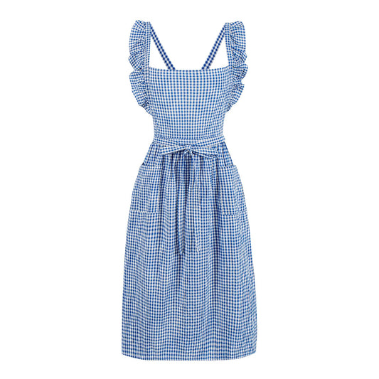 SeedBySea Vintage Gingham Apron for Women, Ruffle Straps, 2 Pockets, Cross Back, Soft Cotton, Apron Dress Style for Cooking & Baking