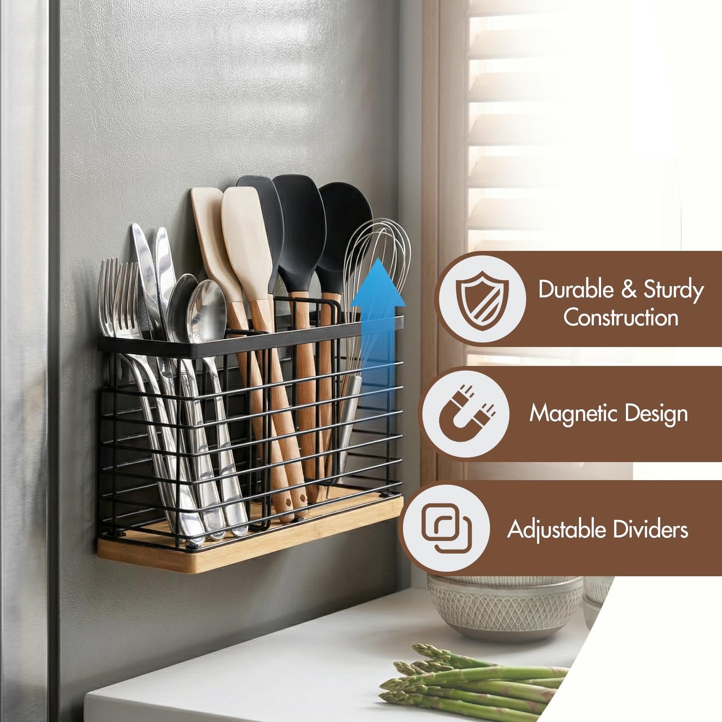 MSJGA Magnetic Utensil Holder for Fridge - 3 Compartment Wall Mounted & Countertop Metal Utensil Organizer with Bamboo Base, Kitchen Utensil Caddy for Spoons, Forks, Knives, Black