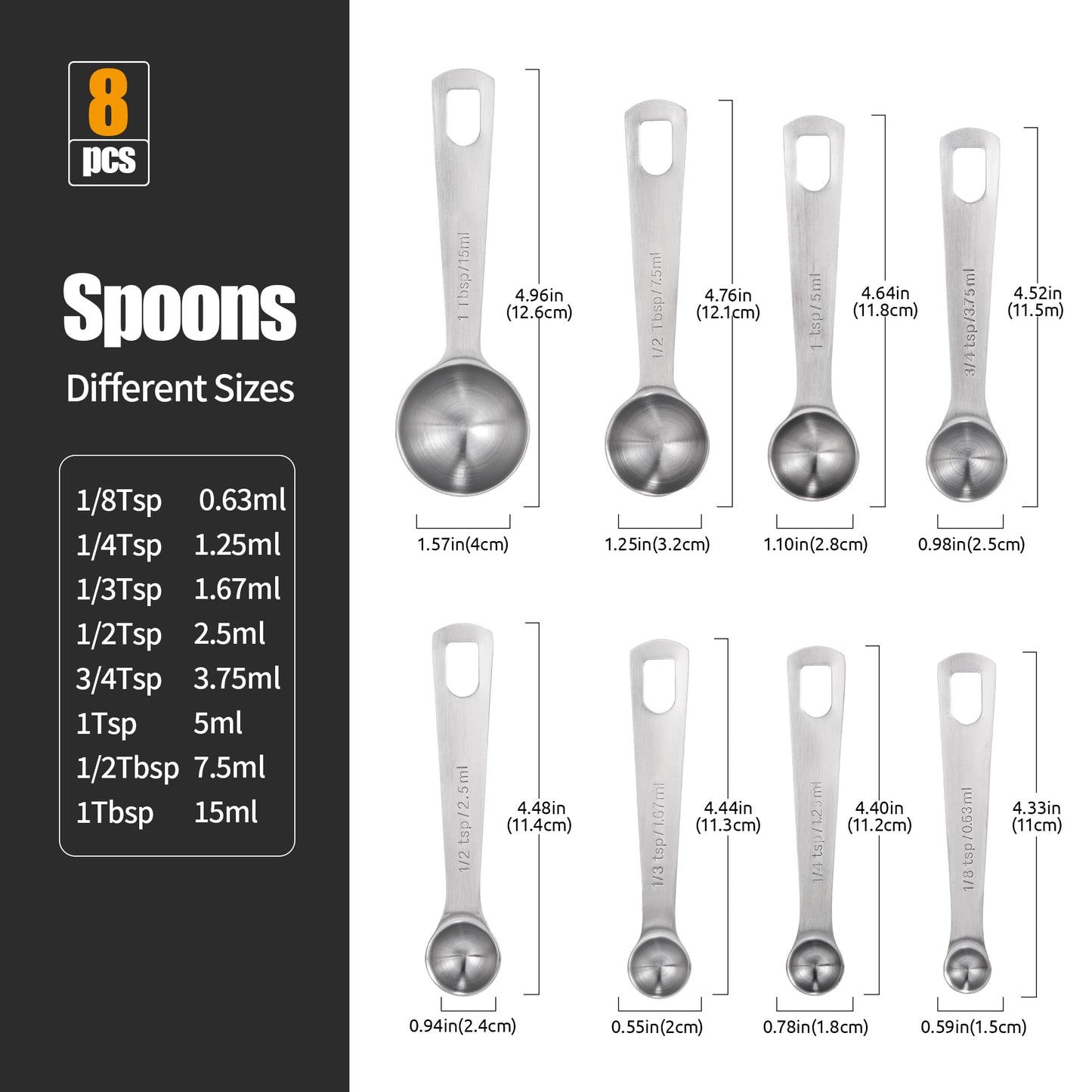 Doosu Measuring Spoons Set of 8-18/8 Stainless Steel Heavy Duty Teaspoons Tablespoons with Engraved Metric & US Measurements, Metal Measure Spoon for Dry and Liquid Ingredients, Dishwasher Safe