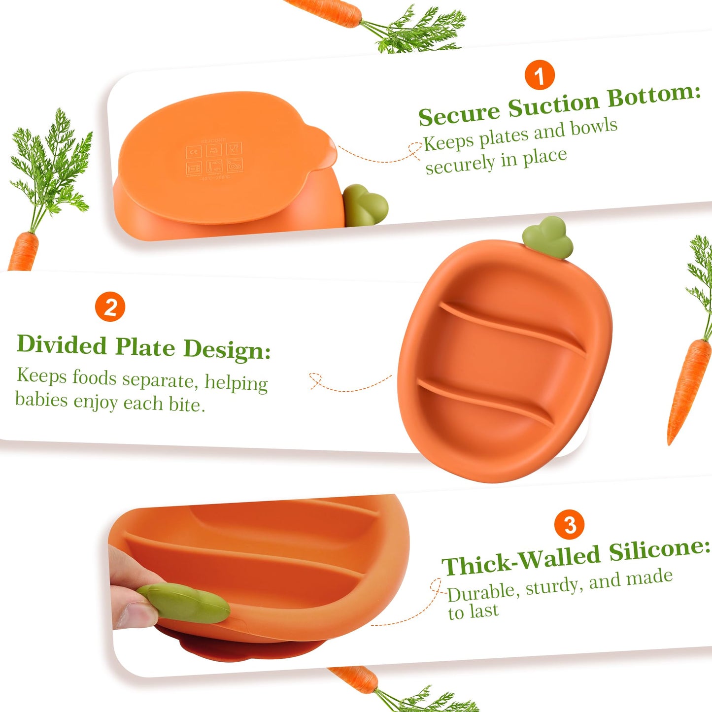 COZY ROCK Silicone Baby Feeding Set, Carrot Design BLW Toddler Feeding Set with Suction Plate & Bowl, Bib, Fork & Spoon, 2-in-1 Straw and Snack Cup, BPA-Free Baby Tableware for Starting Solids