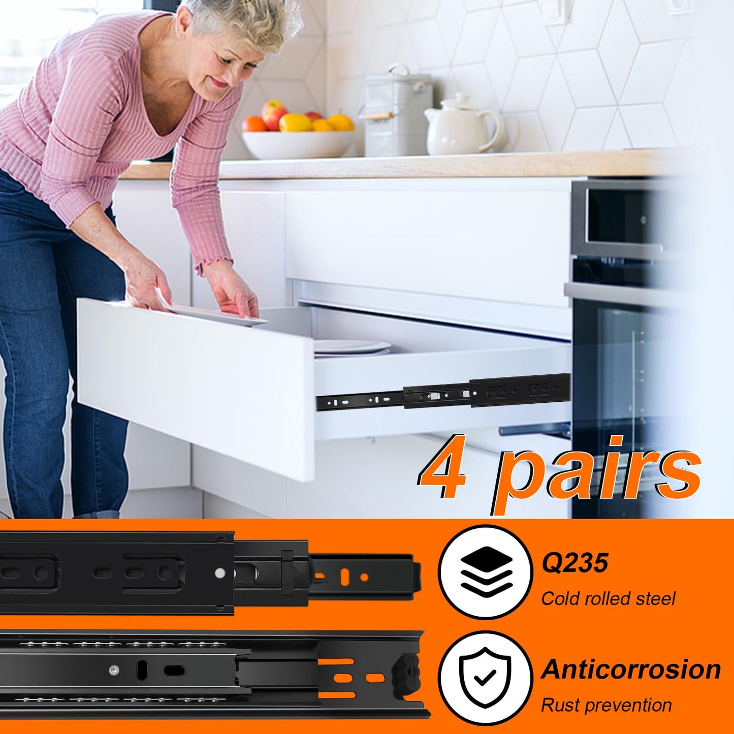 12 inch Drawer Slides 4 Pairs (8pcs) 3 fold Full Extension Side Mount Cabinet Drawer Glides 12" Black Cabinet Rails for Dresser, Cabinet, Kitchen,Trash Can, Wardrobe 100 LB Capacity