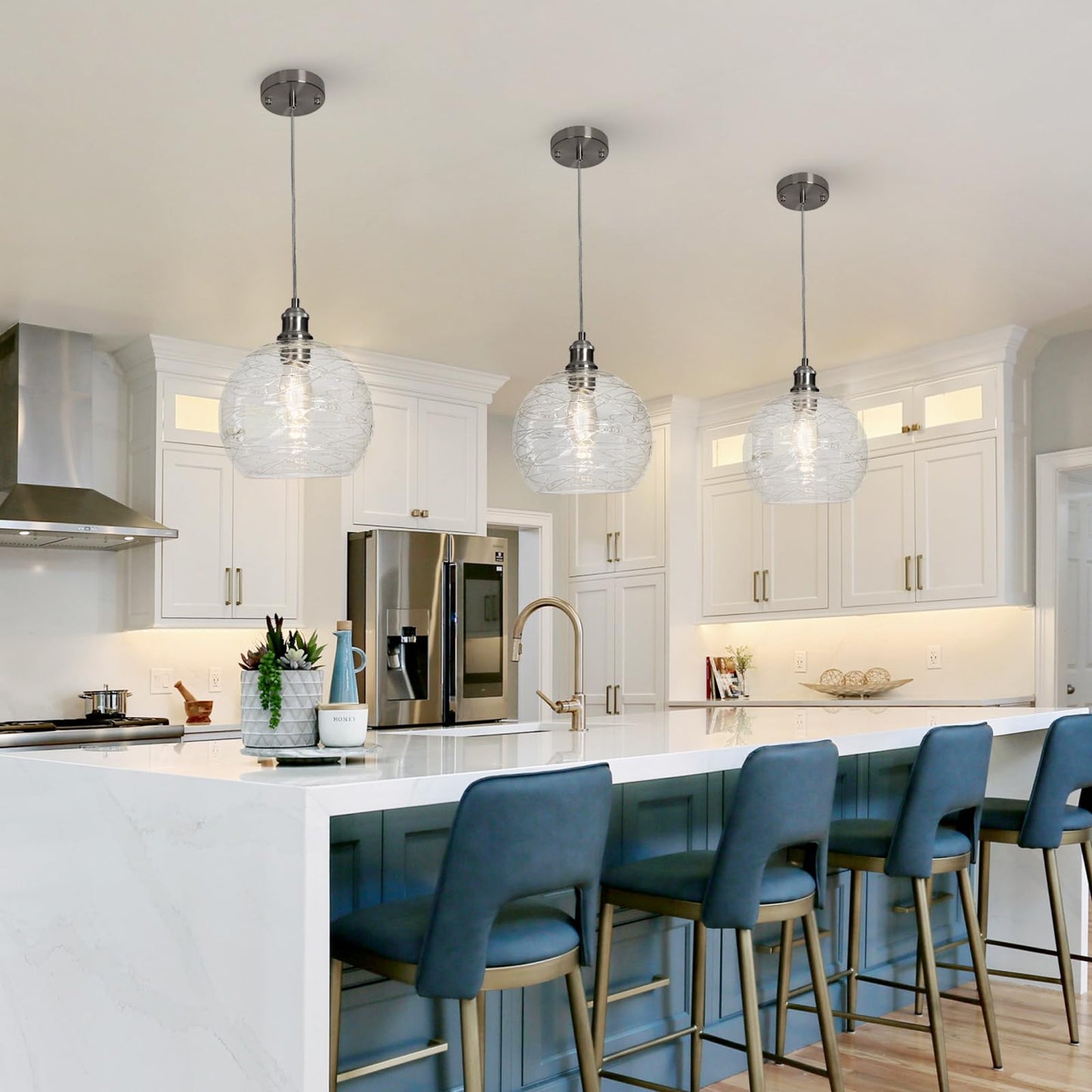 YongMing CL Glass Pendant Light Stripe Seeded 9.85’’ Modern Ceiling Pendant Lighting Sea Swell Handblown Coastal Style Shade with Adjustable Cord for Kitchen Island Dining Room Bedroom Foyer Hallway