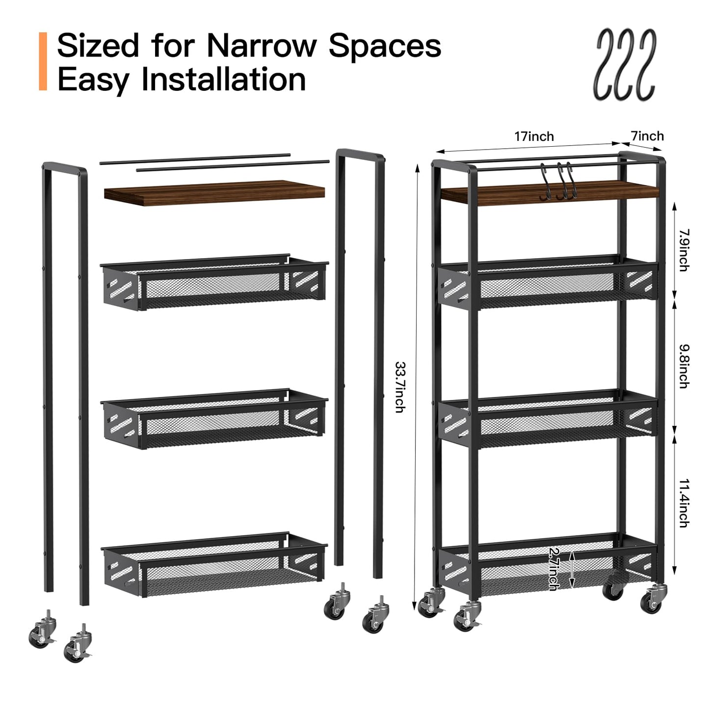 DGSNADGO Slim Rolling Storage Cart, 4-Tier Kitchen Cart on Wheels, Narrow Utility Cart with Handle and Wooden Tabletop for Small Space in Kitchen, Living Room, Bathroom, Rustic Brown and Black