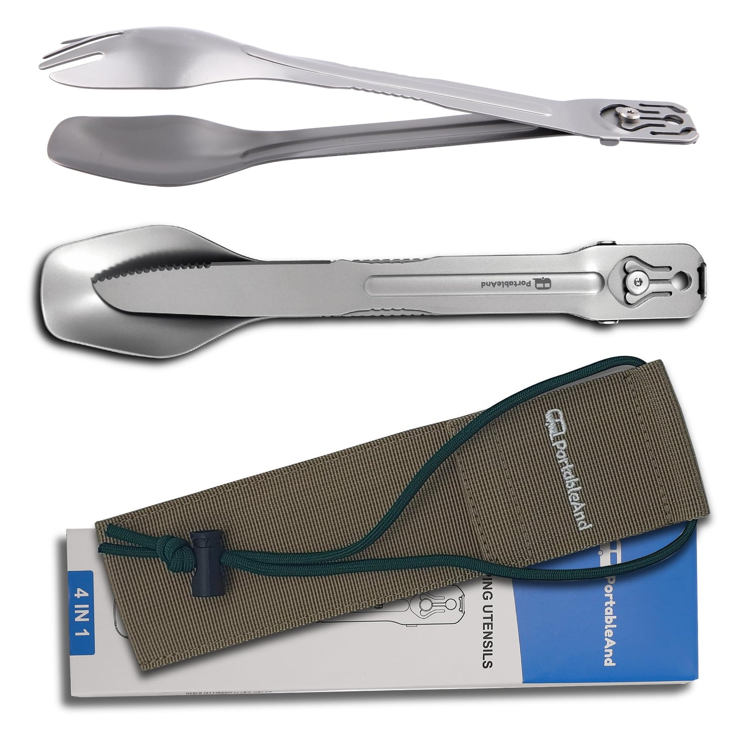 PortableAnd 4-in-1 Camping Utensil Set: Spoon, Spork, Knife, Tongs - Stainless Steel Multi Tool for Outdoor Cooking, Backpacking, Hiking, Picnics - Lightweight Travel Utensil with Carry Bag (1-Pack)